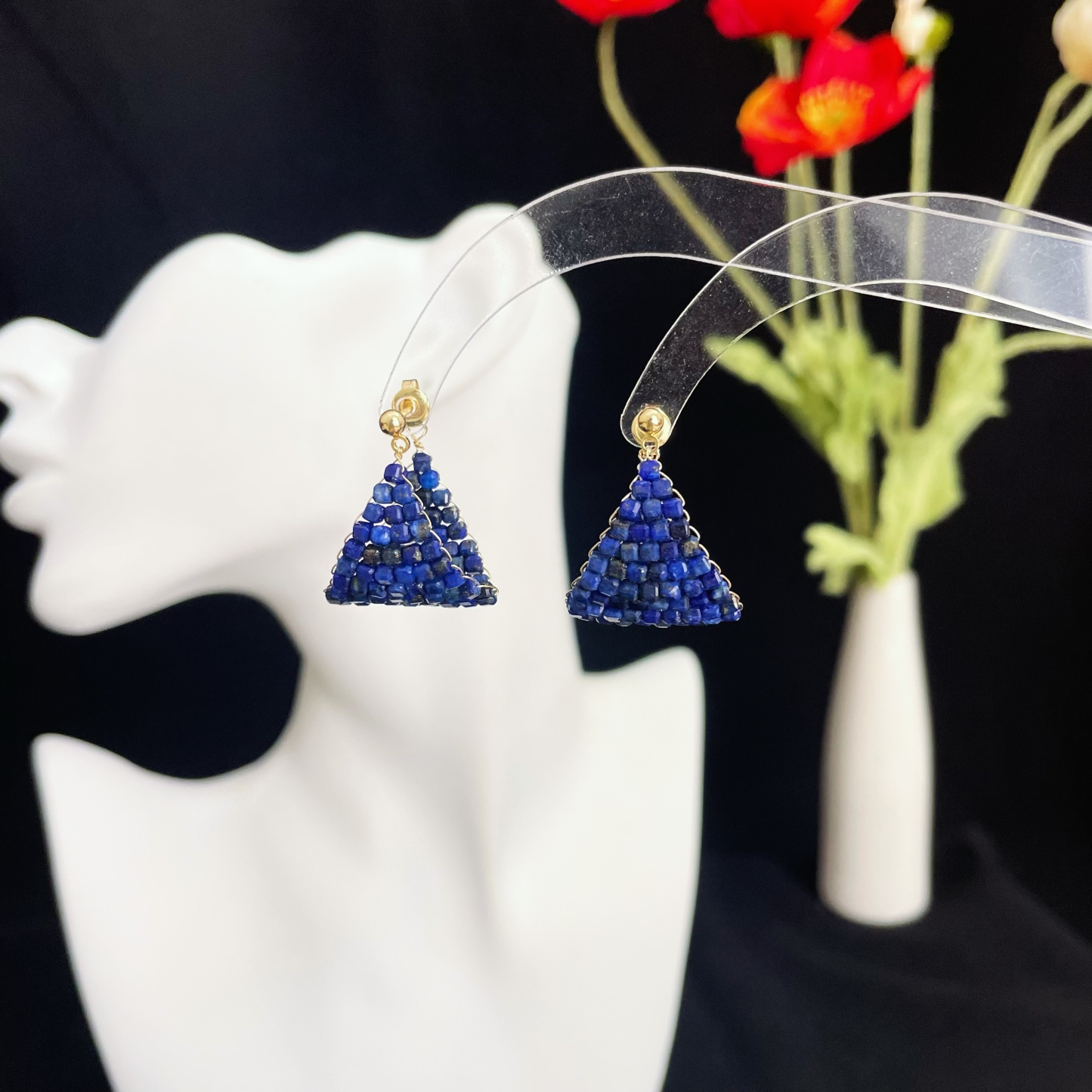 Woven Lapis Lazuli Earrings Dark Blue Boat in the Milky Way