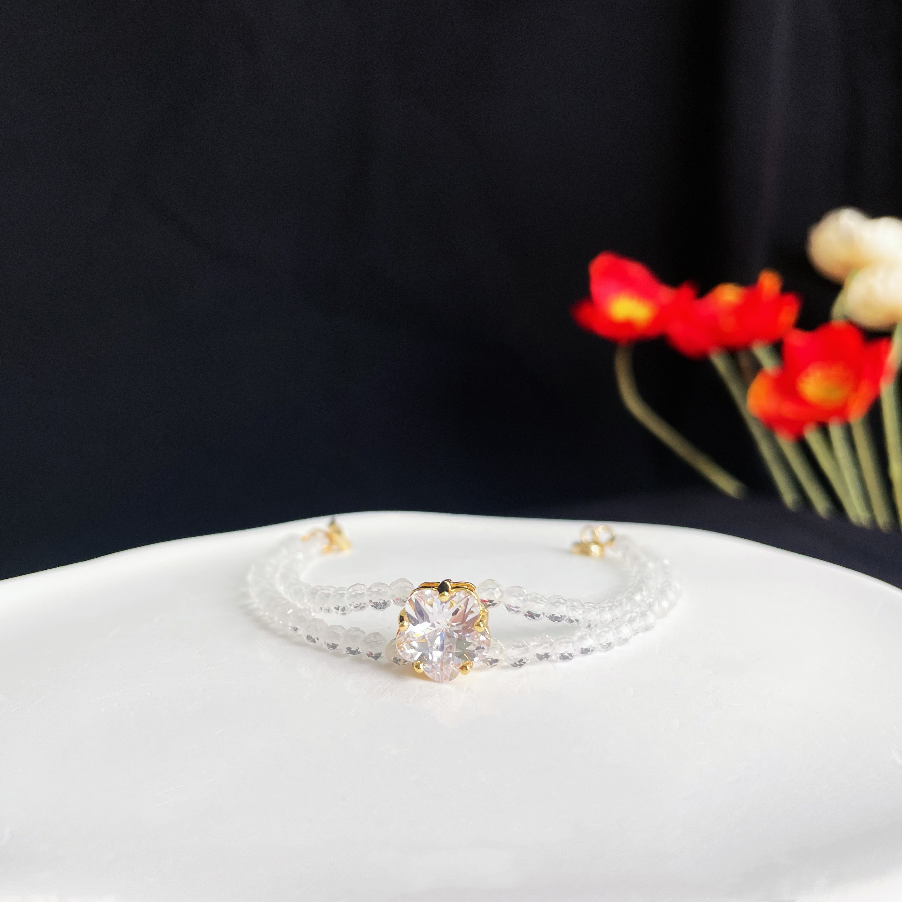 Elegant Double Line Gemstone Faced Beads Bracelet with Zircon Peach Blossom Charm