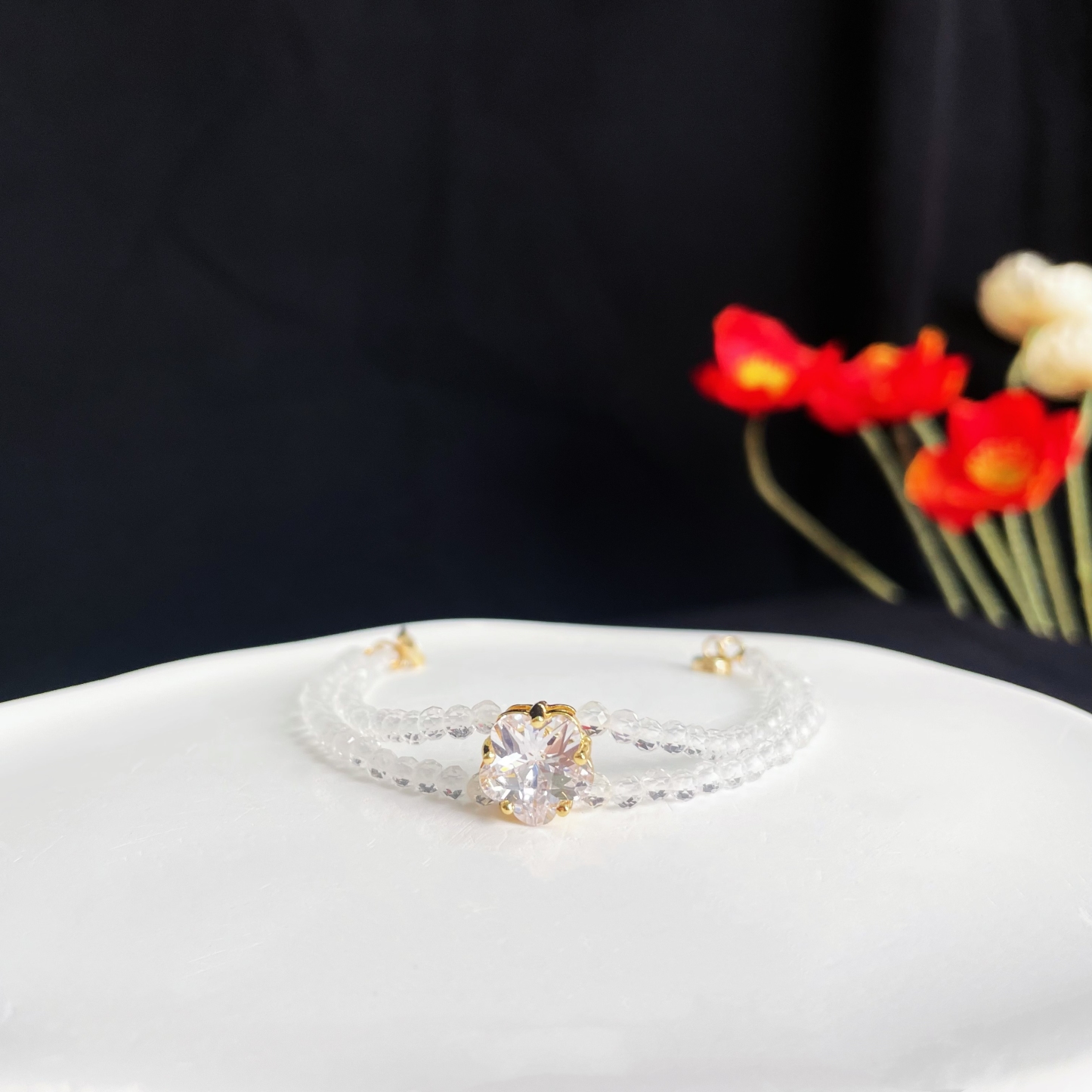 Elegant Double Line Gemstone Faced Beads Bracelet with Zircon Peach Blossom Charm