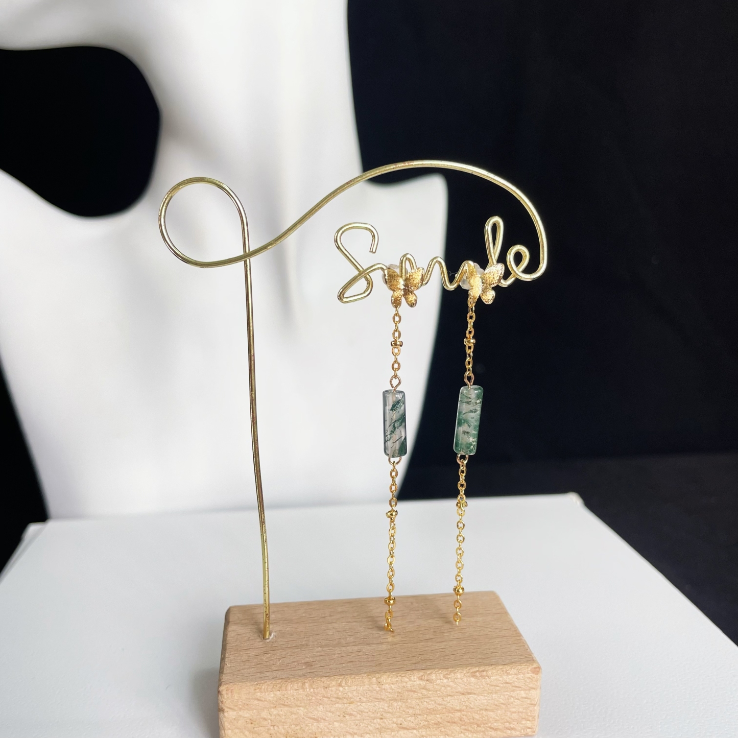 Exquisite Moss Agate Long Earrings with Gold Butterfly and Chain