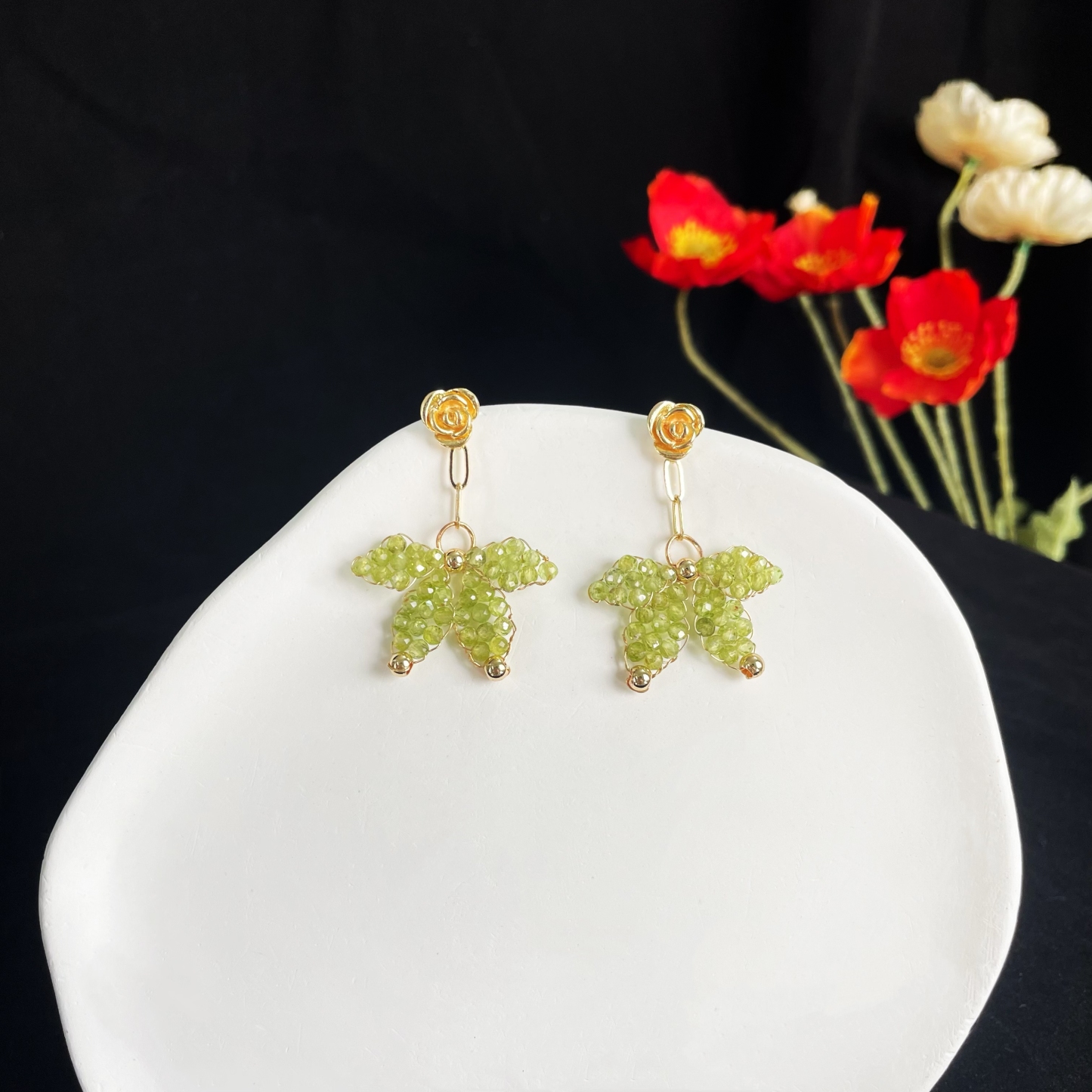 Stunning Peridot Butterfly Earrings with Gold Rose Drop Earrings