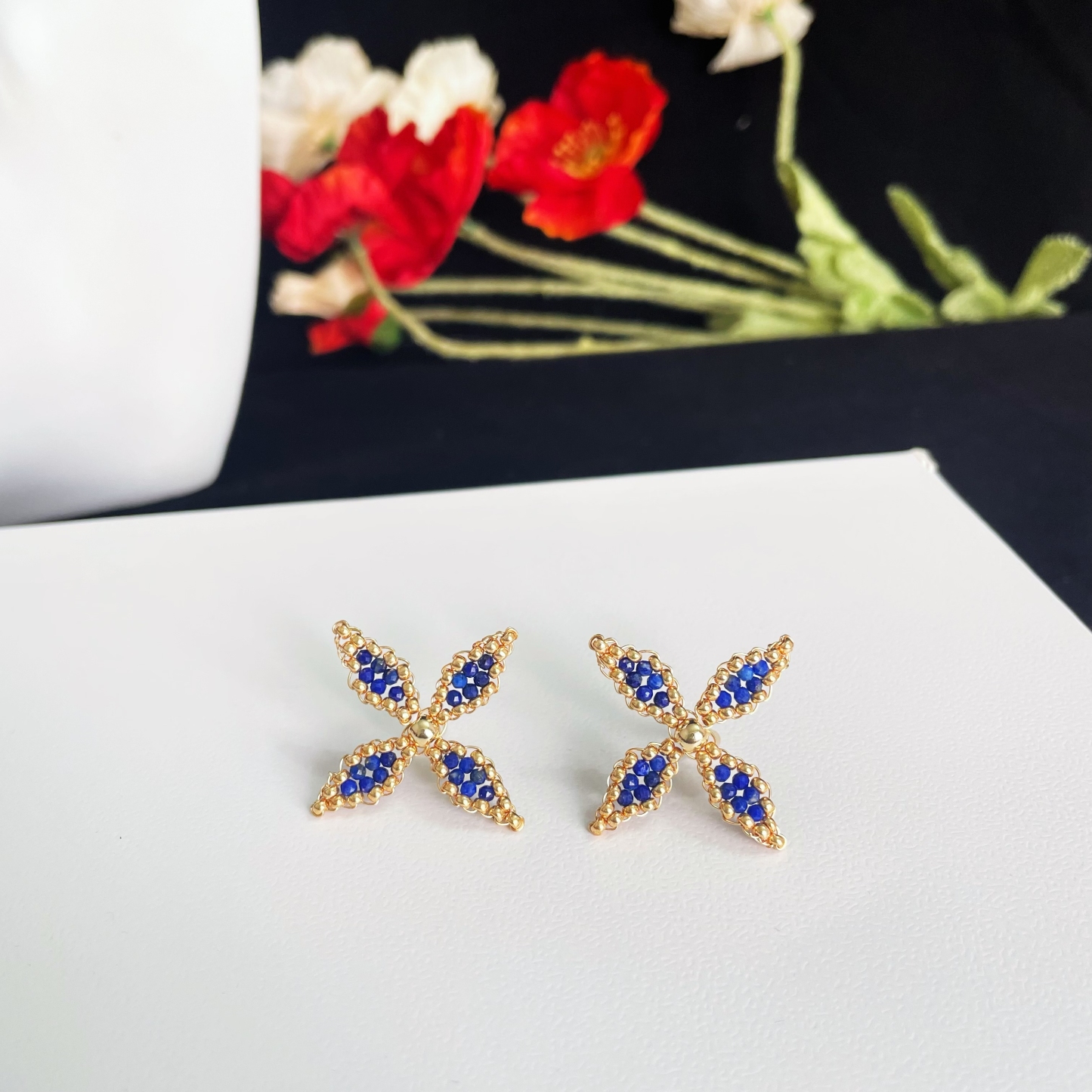 Blue and Gold Exquisite Lapis Lazuli Four Petals Flower Ear Studs 