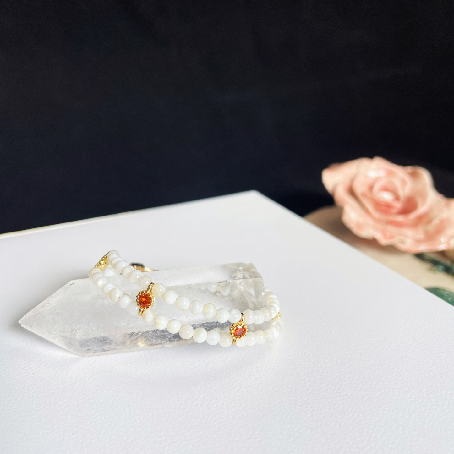 Elegant Double Line Mother-of-Pearl Bracelet with Orange Zircon