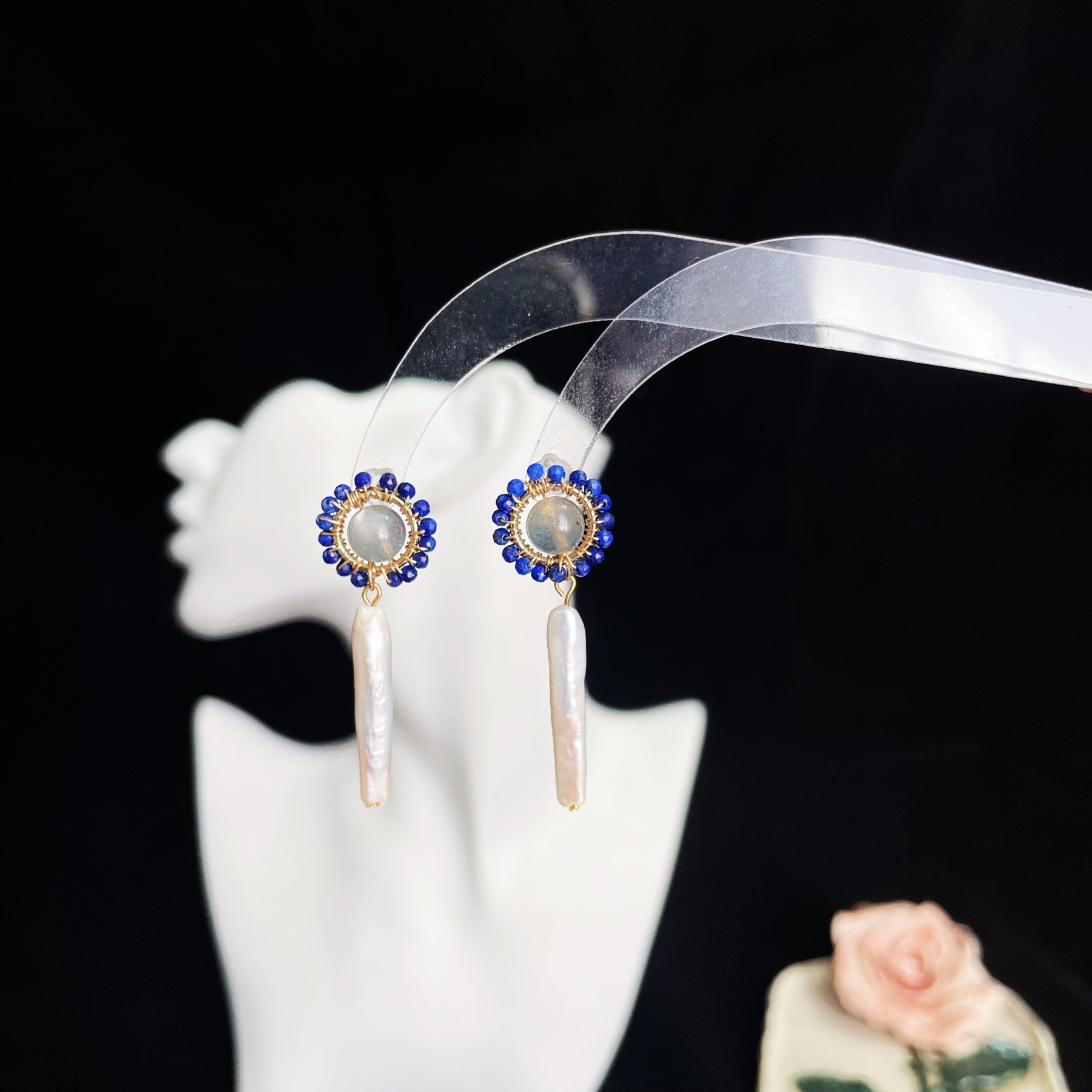 Blue Sunflower Earrings with Lapis Lazuli Petals Rainbow Labradorite Core and Baroque Pearl Stem