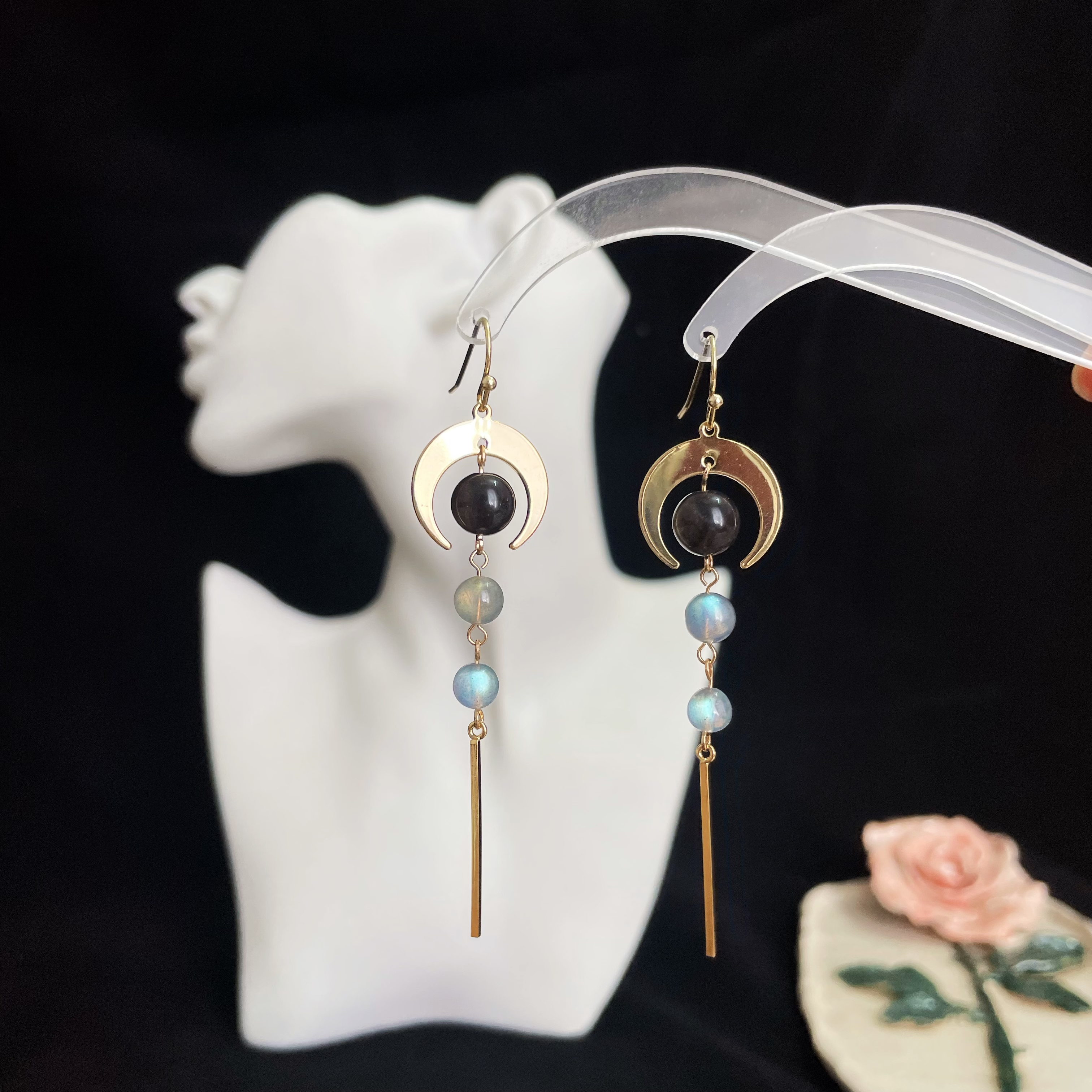 Moon Energy-Inspired Earrings with Silver Obsidian and Rainbow Labradorite