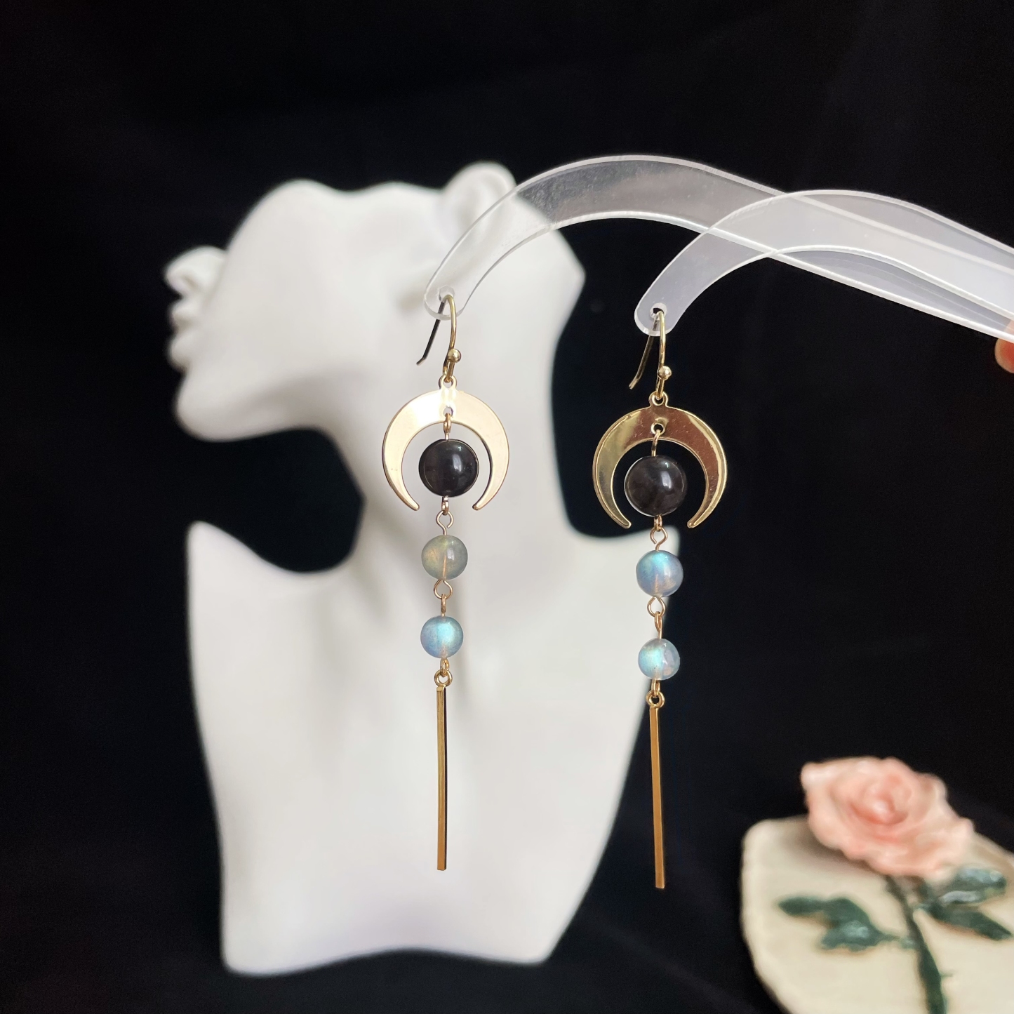 Moon Energy-Inspired Earrings with Silver Obsidian and Rainbow Labradorite