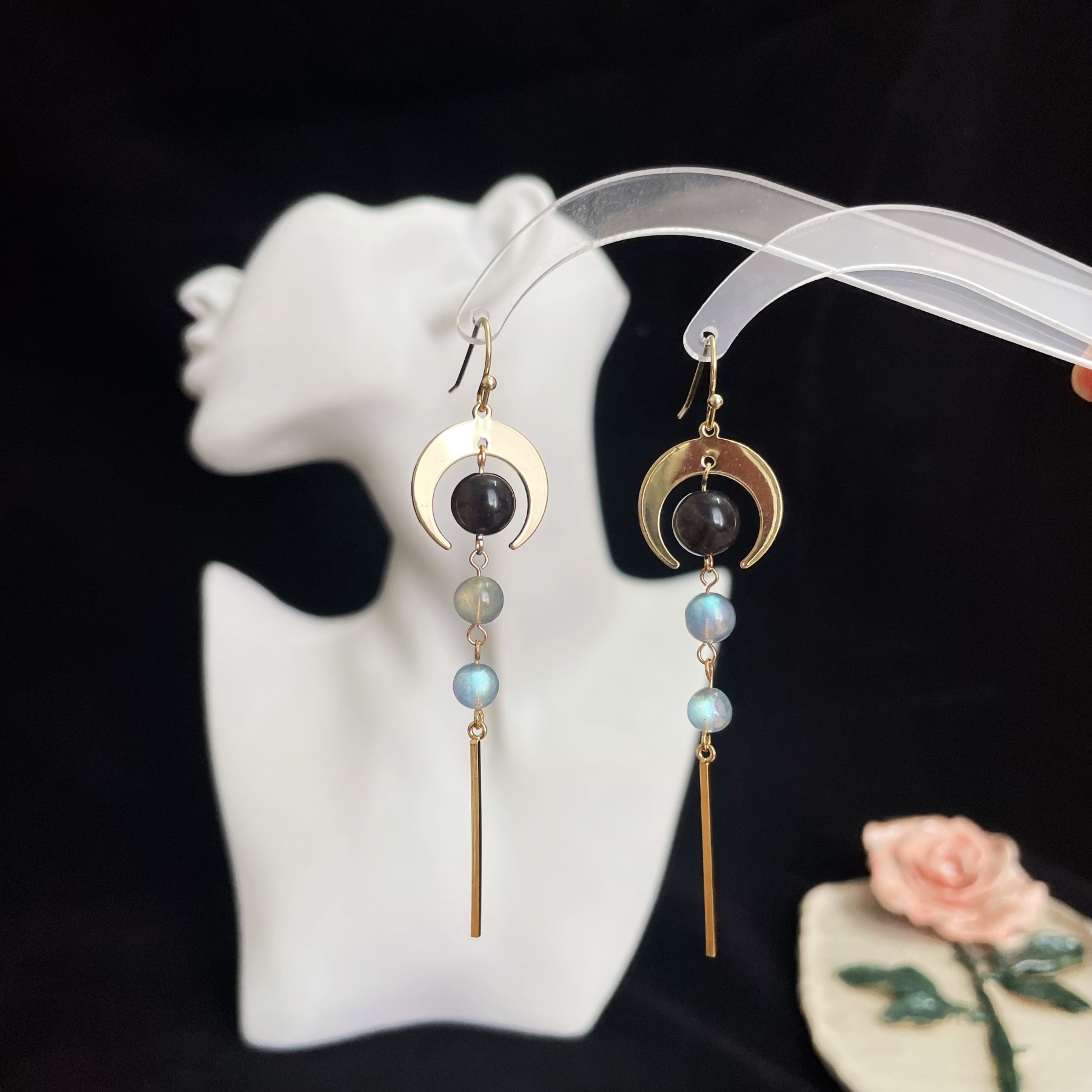 Moon Energy-Inspired Earrings with Silver Obsidian and Rainbow Labradorite
