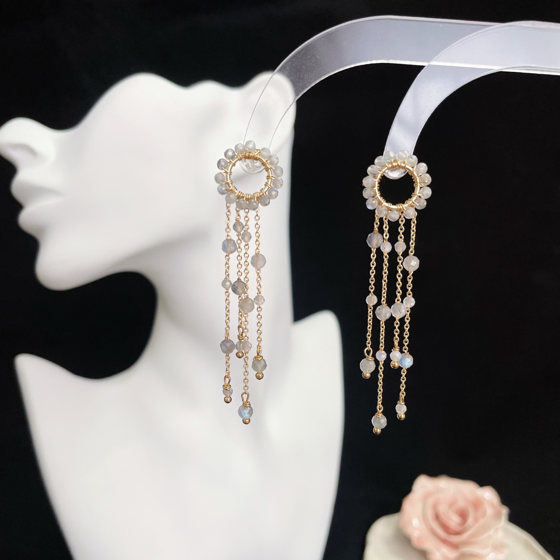 Labradorite Faceted Beads Woven Circle Earrings with Labradorite Chain Tassels