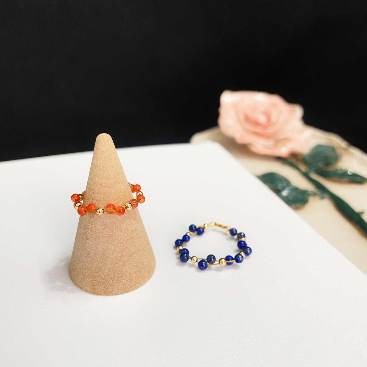 Woven Dual-Line Gemstone Ring Red Agate, Lapis Lazuli, and Rainbow Tourmaline