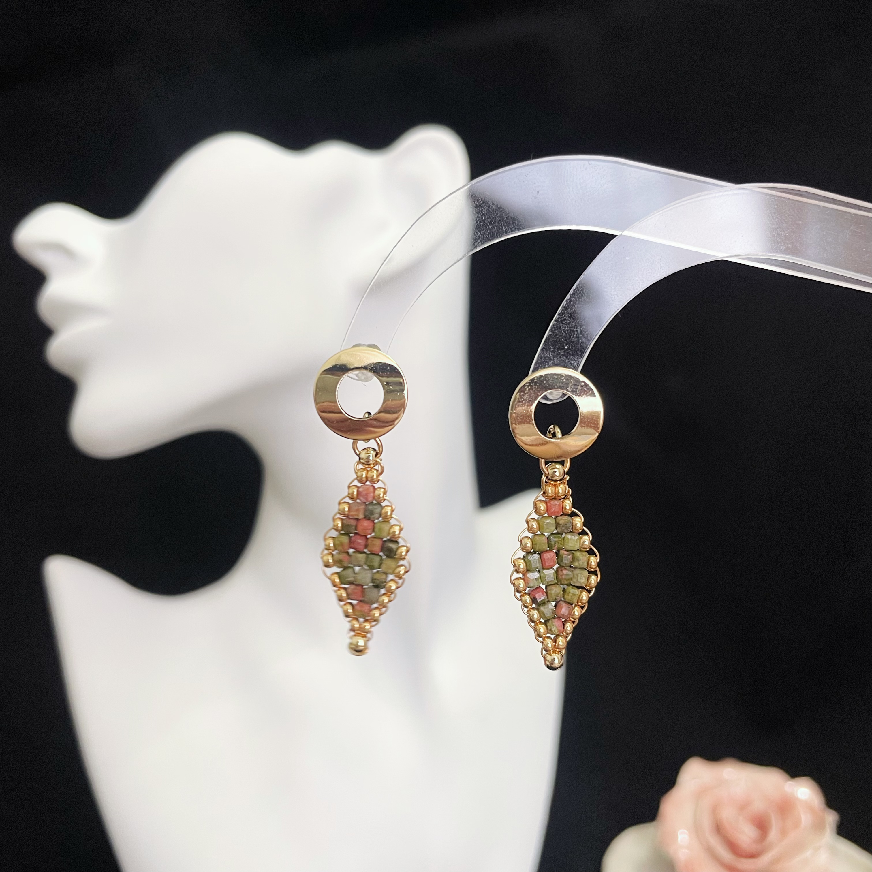 Unakite Cube Woven Rhomboid Design Beads Earrings