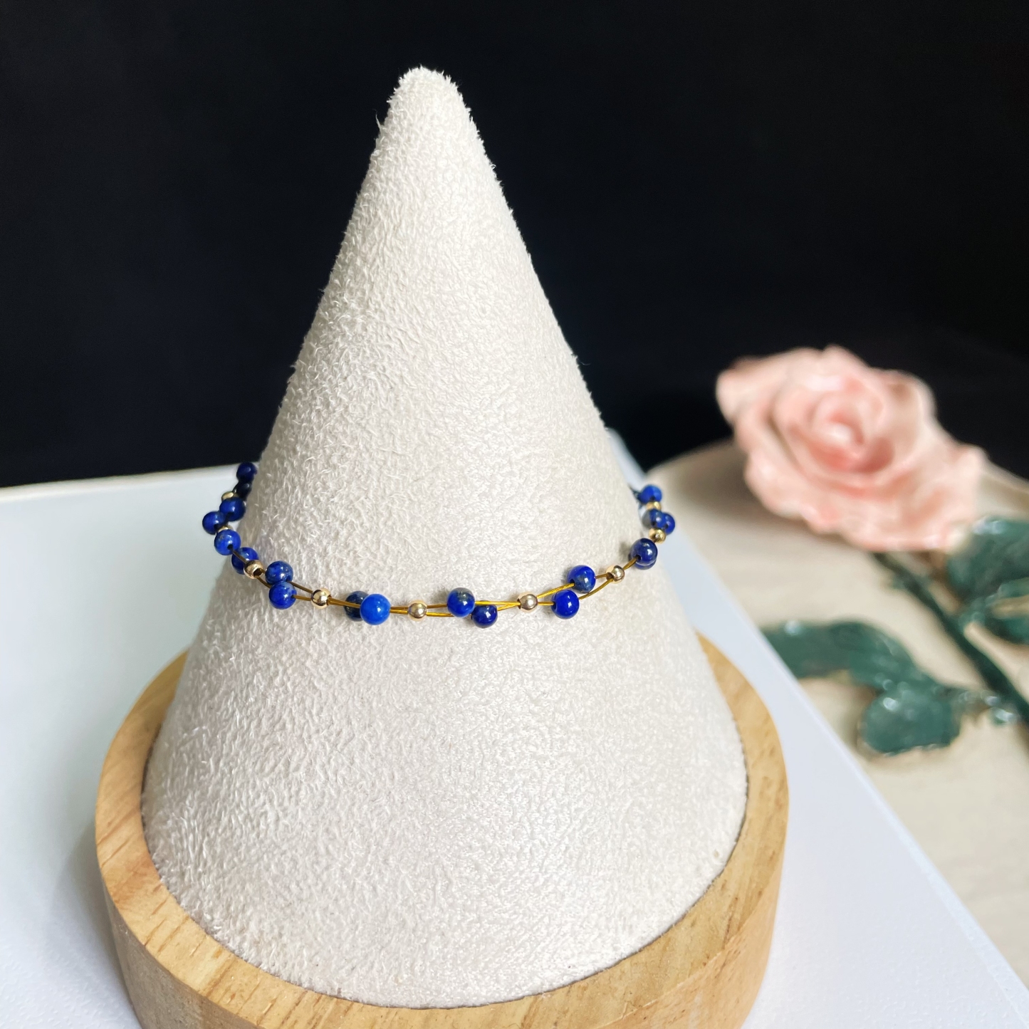 Woven Dual Line Lapis Lazuli Round Beads Bracelet