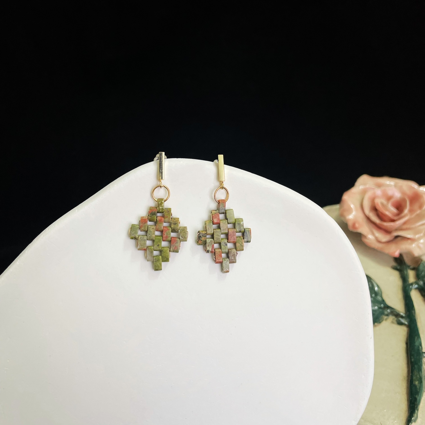 Handmade Unakite Rectangle Beads Woven Rhomboid Shaped Earrings