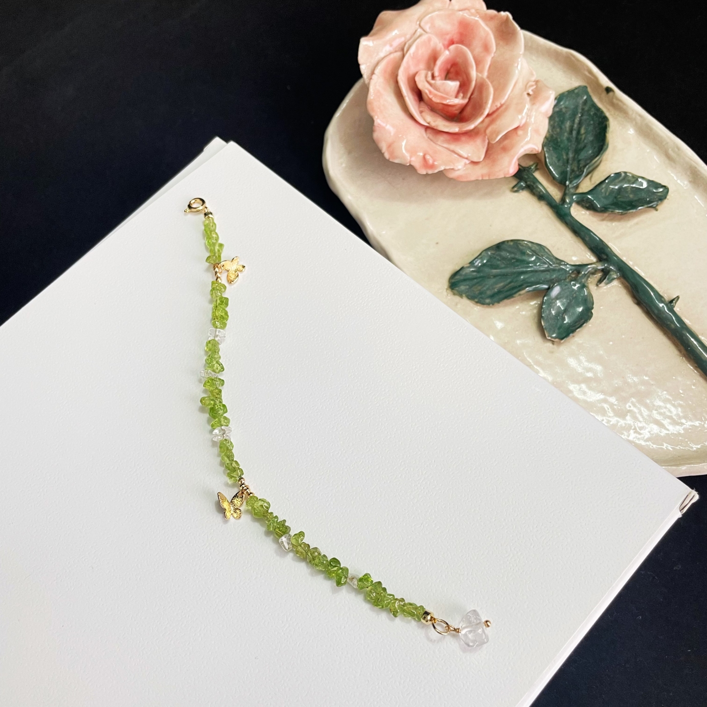 INFP Vitality Bracelet Irregular Peridot & Clear Quartz with Gold Butterfly Charms