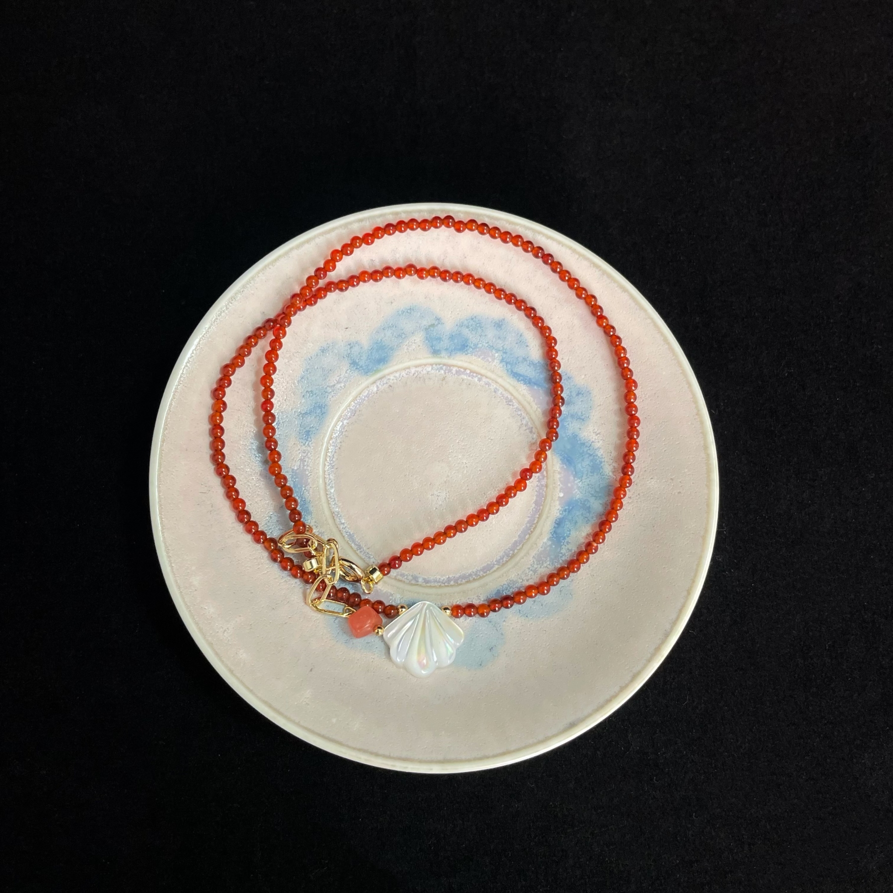 Red Agate and White Shell Charm Necklace