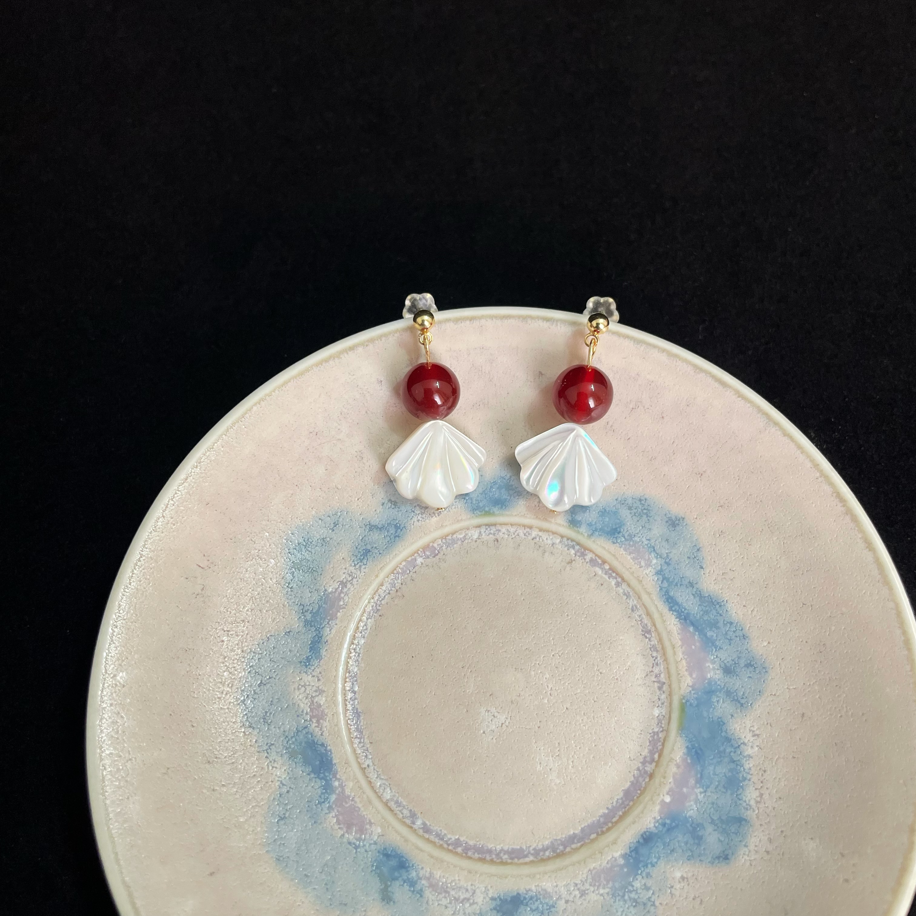 Goldfish Inspired Earrings Red Agate and White Shell Fishtail Design