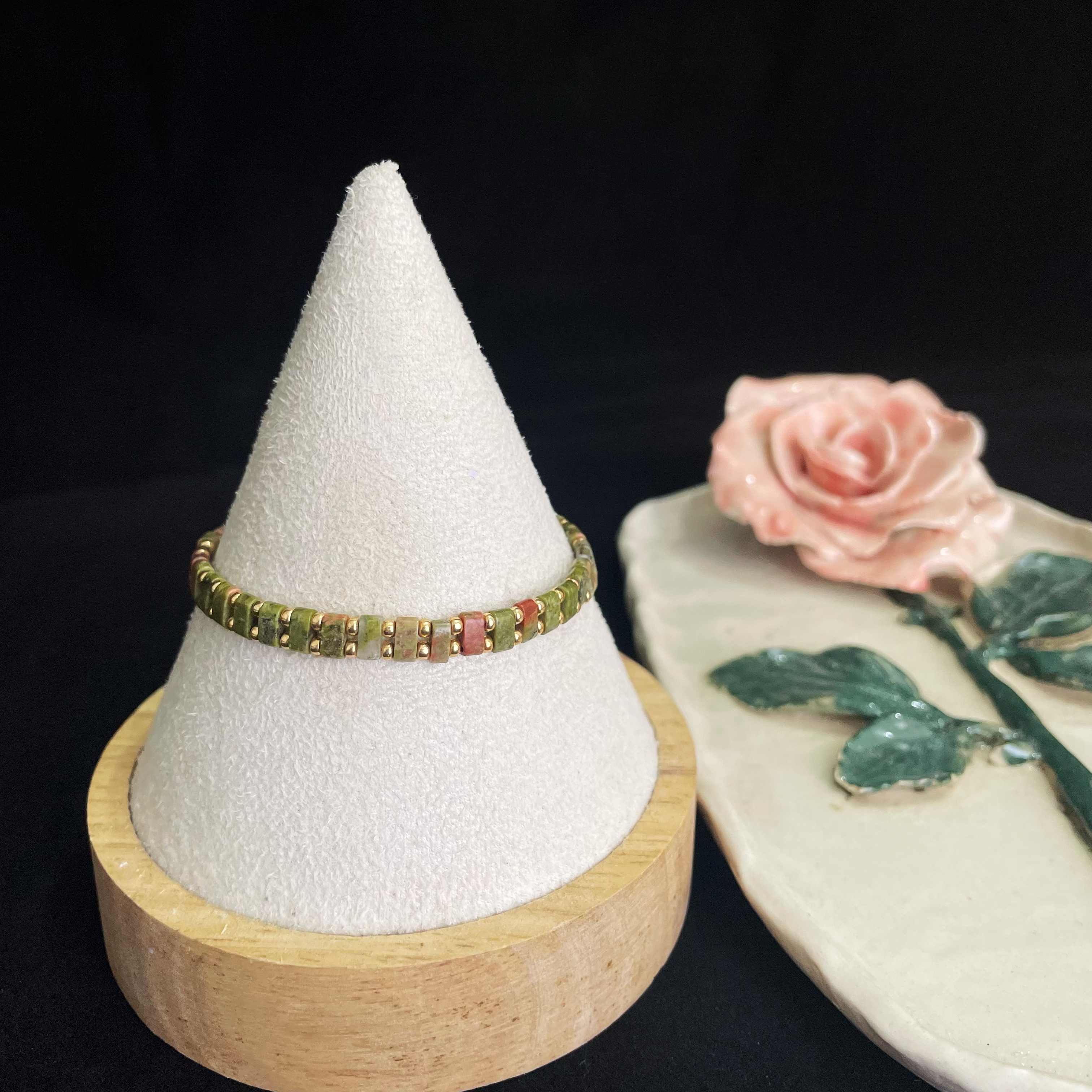 Handcrafted Unakite and Gold Seed Bead Bracelet with Magnetic Buckle