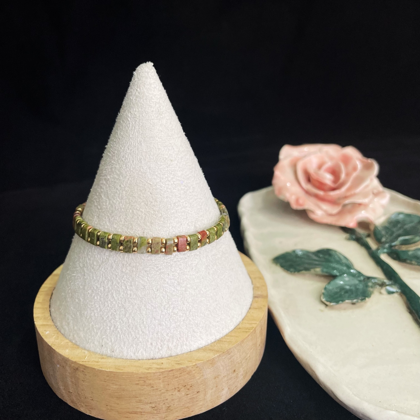 Handcrafted Unakite and Gold Seed Bead Bracelet with Magnetic Buckle