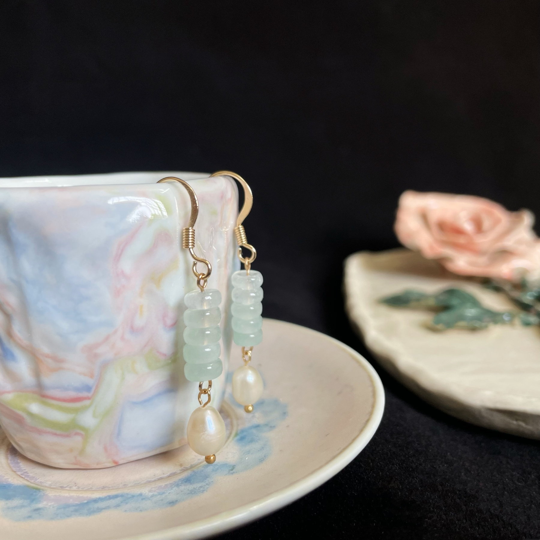 Charming Ice Light Green Jadeite Wheel Beads and Freshwater Pearls Earrings