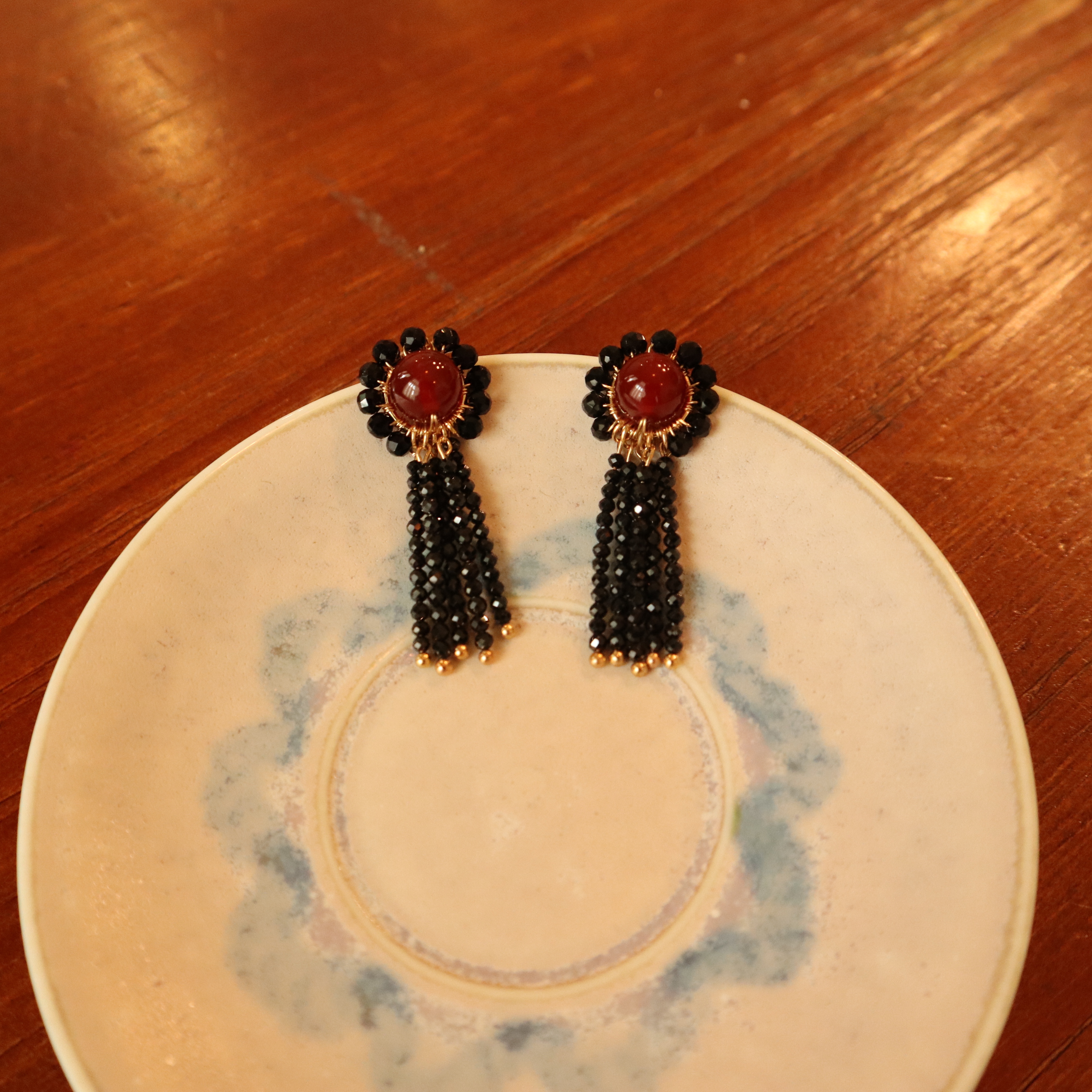 Red Agate and Black Spinel Woven Flower with Tassels Earrings