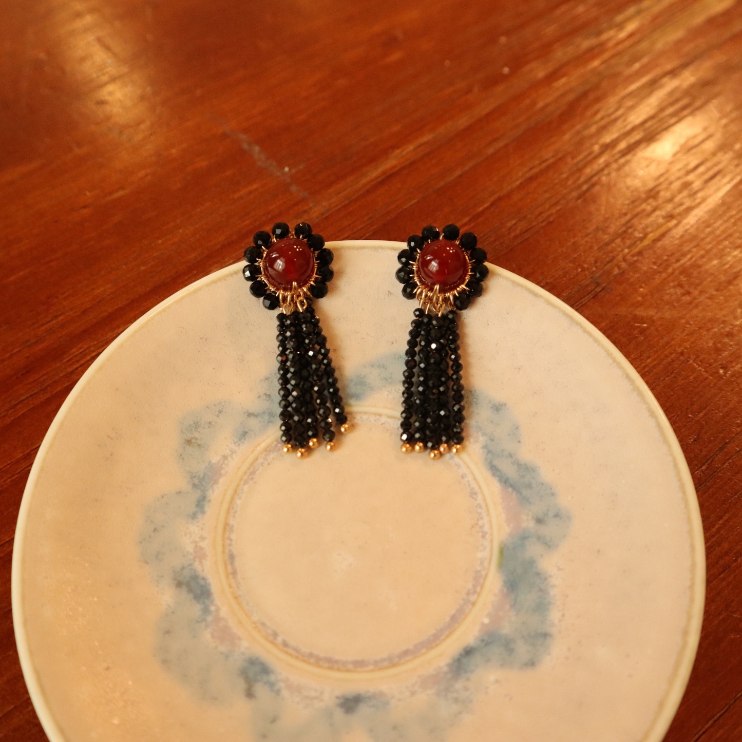 Red Agate and Black Spinel Woven Flower with Tassels Earrings