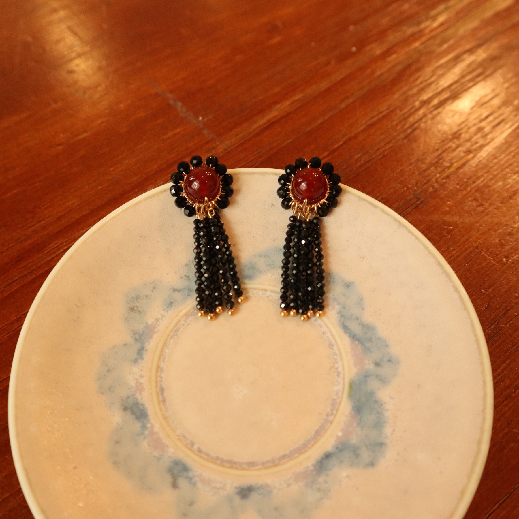 Red Agate and Black Spinel Woven Flower with Tassels Earrings