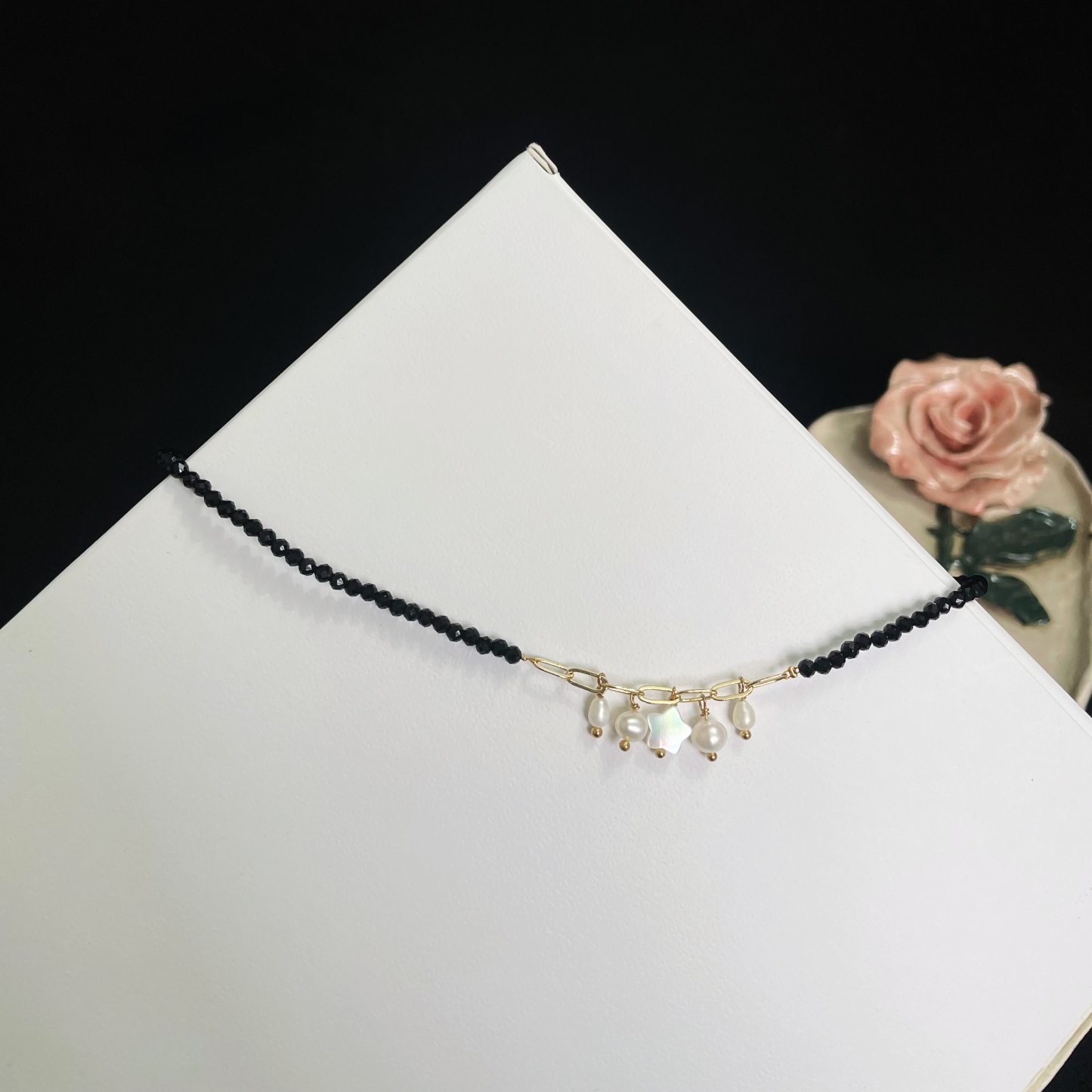 Elegant Black Spinel Faced Beads Necklace with Mother-of-Pearl Star and Pearls