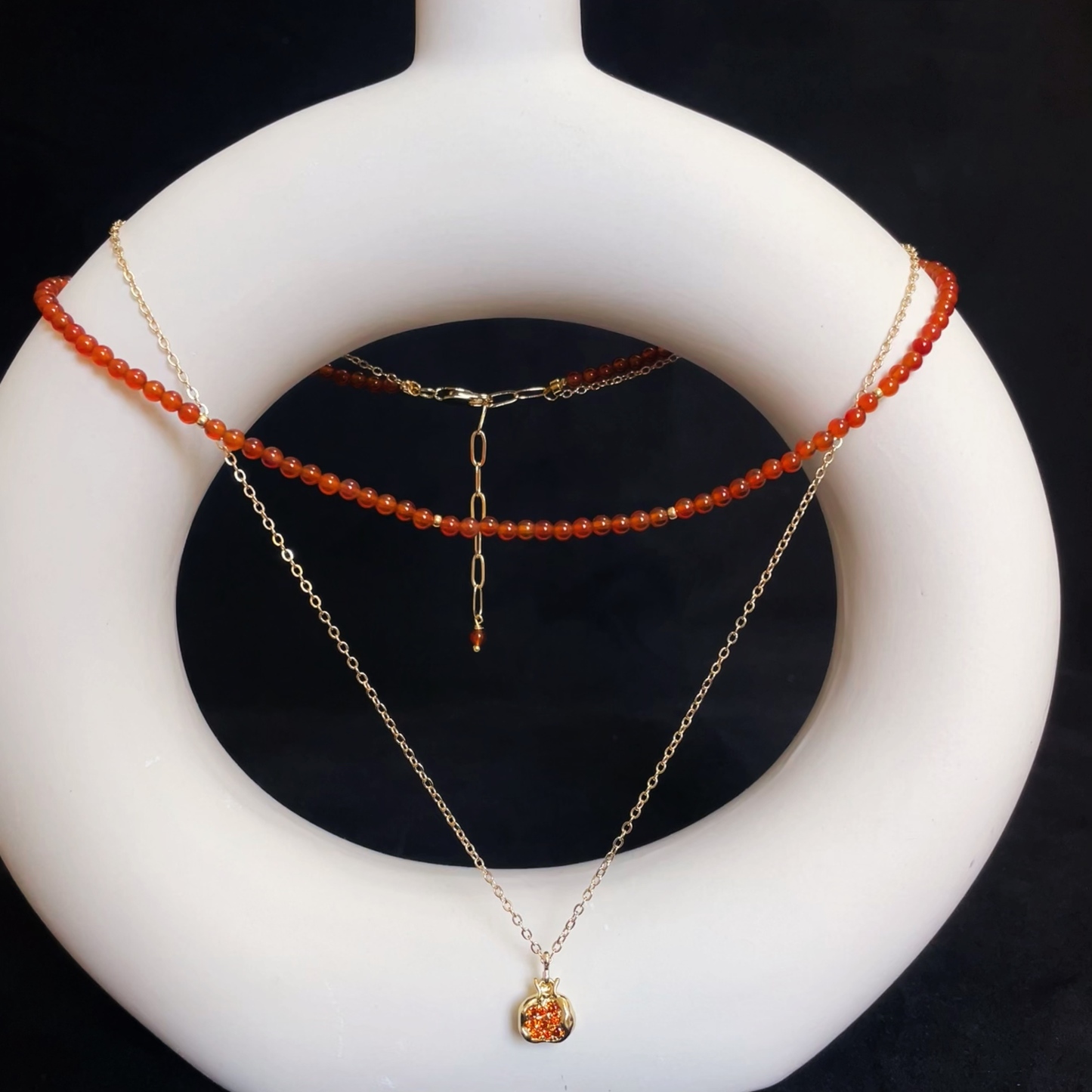 Double Stacked Necklace with Red Agate & Pomegranate Pendant