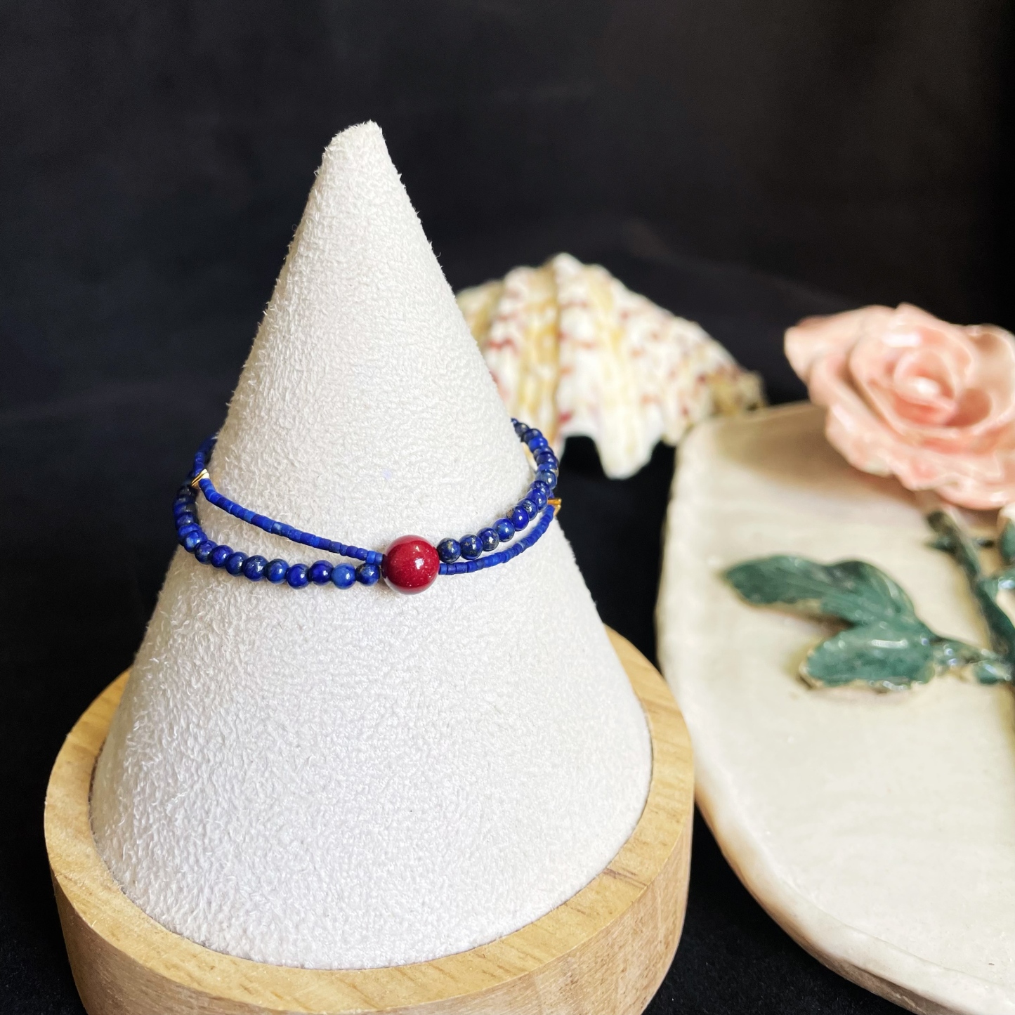 Dual Lines Lapis Lazuli Beads Bracelet with Cinnabar Center