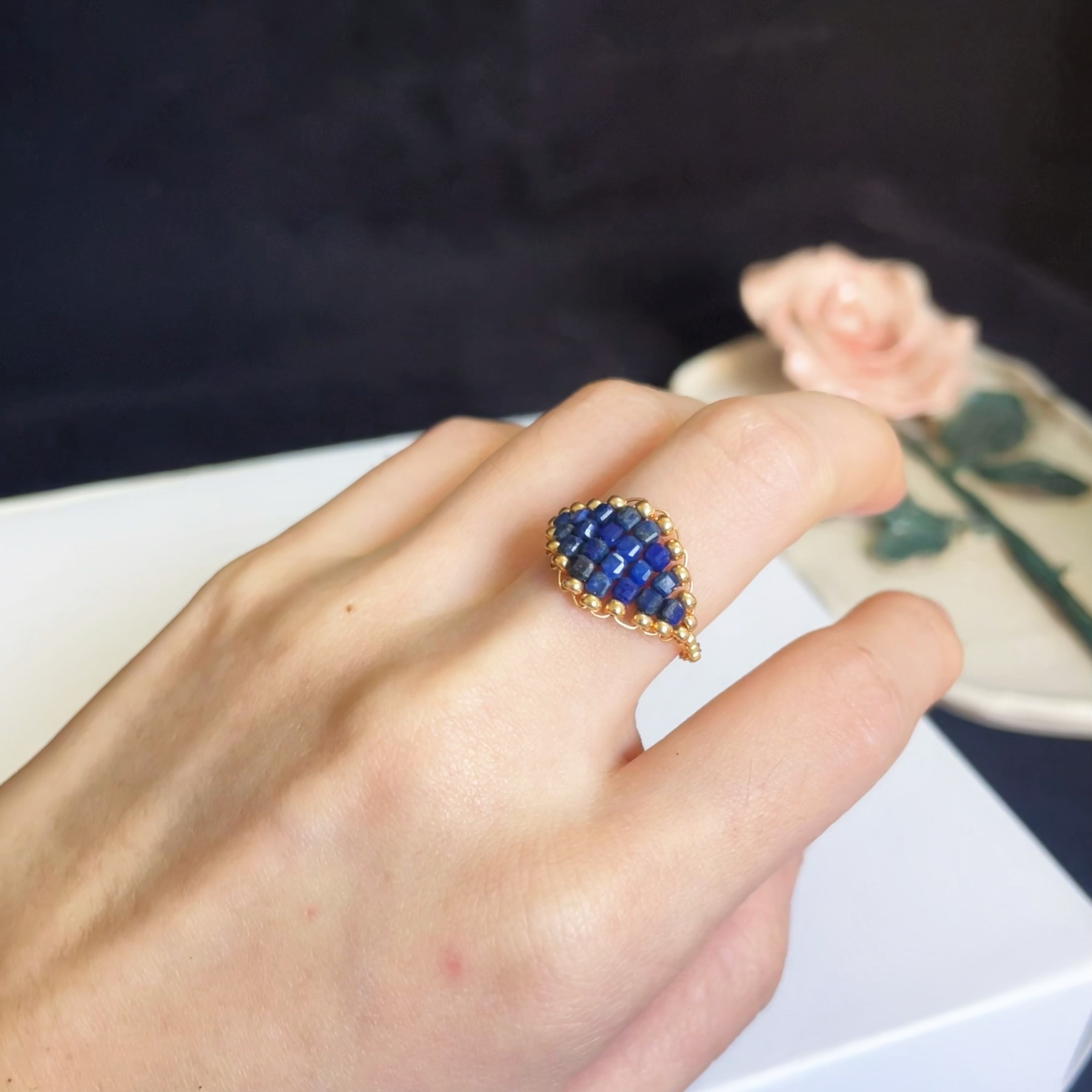 Evil Eye Inspired Lapis Lazuli & Gold Seed Beads Woven Ring