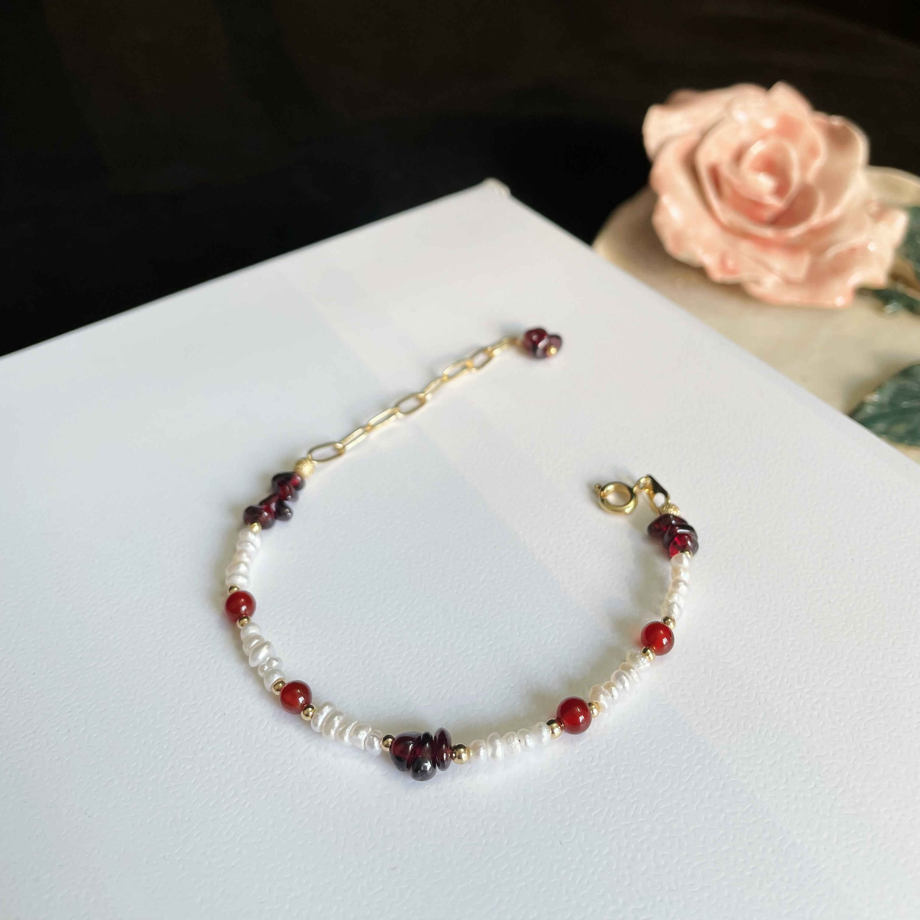 Irregular Garnet Pearls & Red Agate One-Line Bracelet