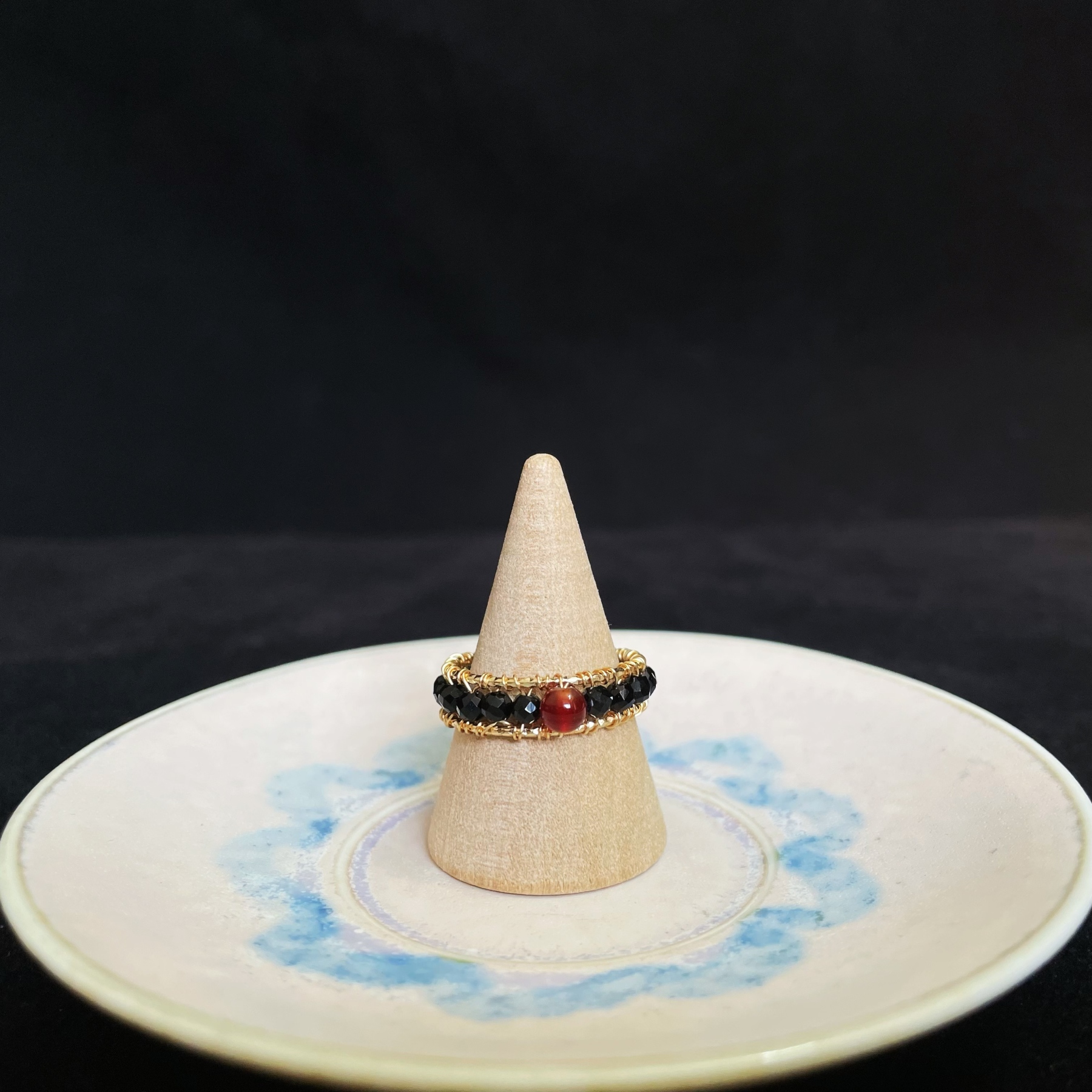 Black Spinel and Red Agate Woven Open Ring
