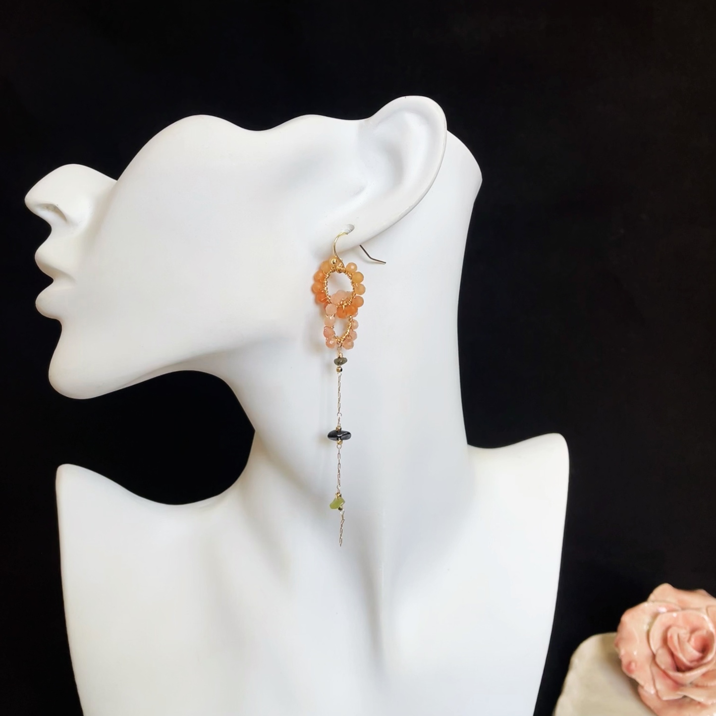 Orange Gemstone Dual Ring Earrings with Tourmaline Raw Stones Chain