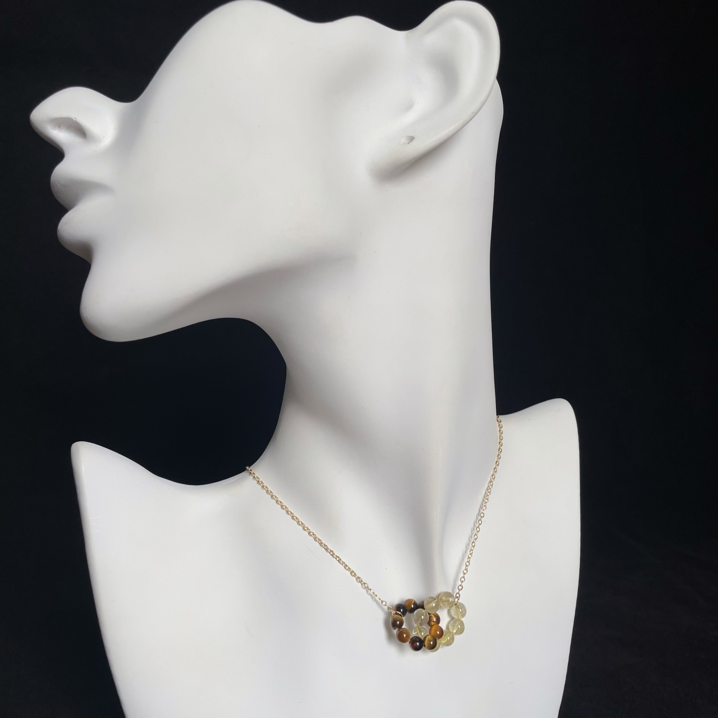 Tiger’s Eye and Gold Rutilated Dual Ring Charms Necklace