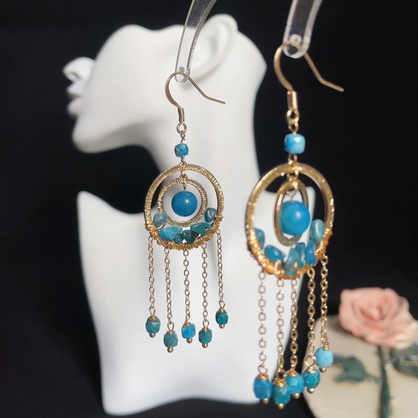 Intricate Dual Rings Blue Apatite Tassel Earrings 