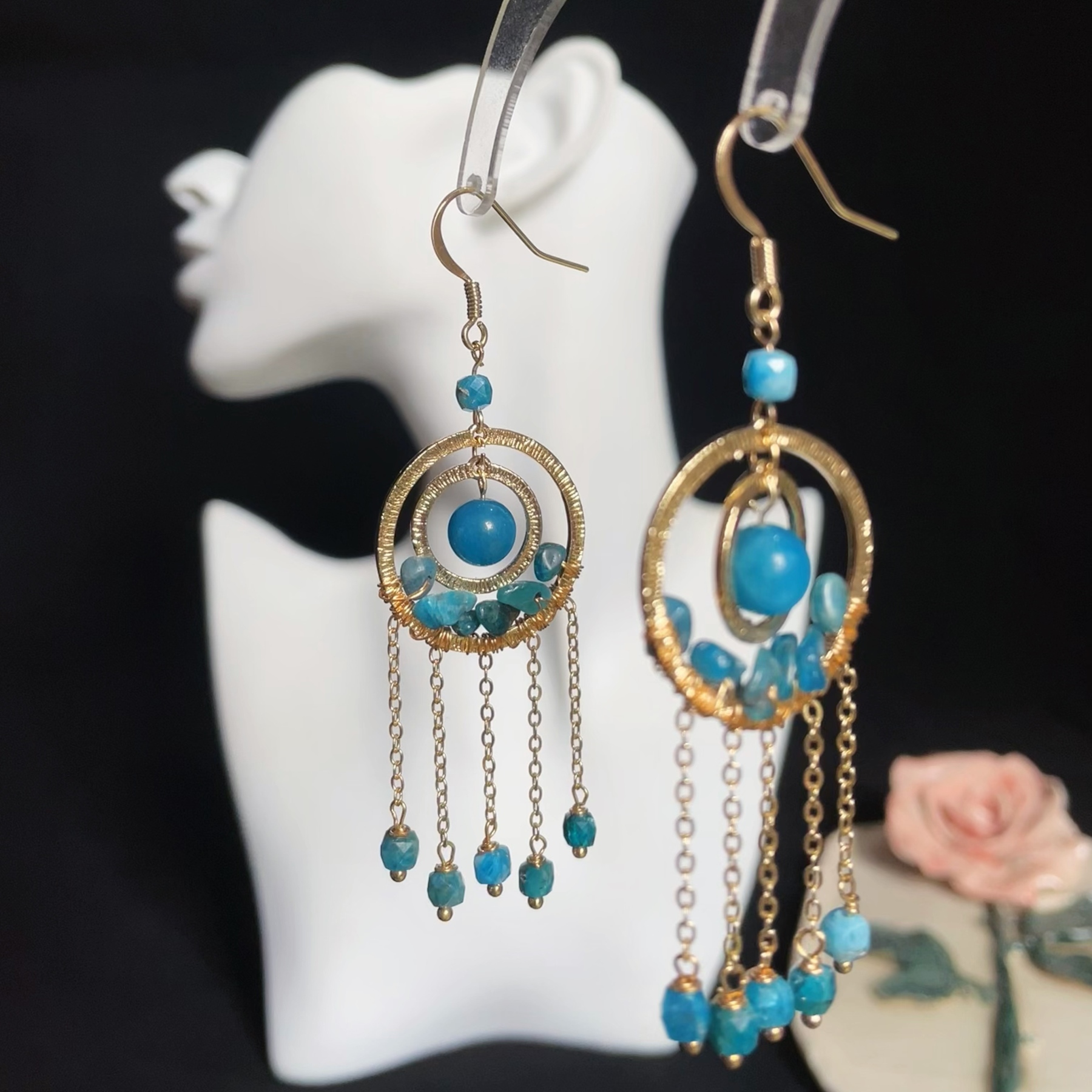 Intricate Dual Rings Blue Apatite Tassel Earrings 