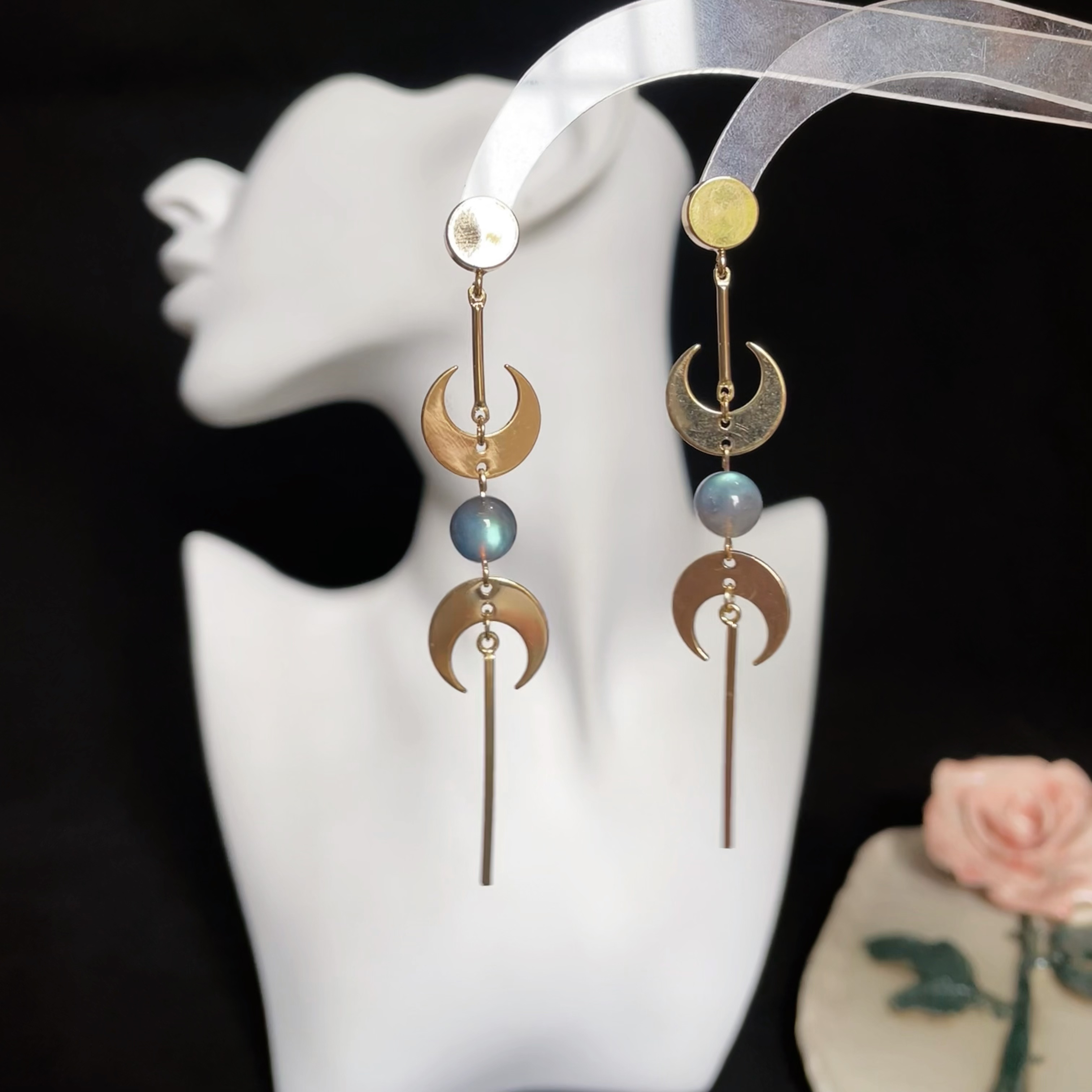 Moons with Labradorite Triple Moon Amulet Inspired Long Earrings