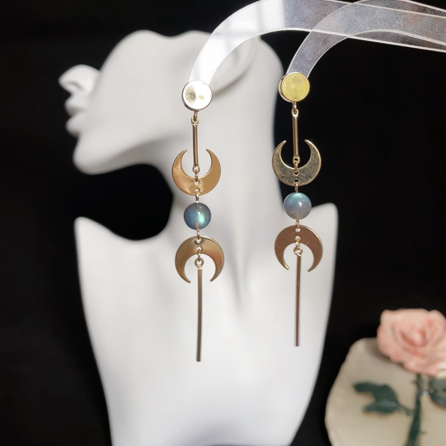 Moons with Labradorite Triple Moon Amulet Inspired Long Earrings