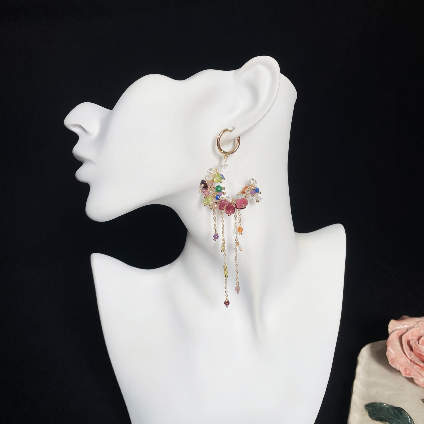 Spring Garden Multiple Gemstone Cluster Loop Earrings with Long Gemstone Chain Tassel