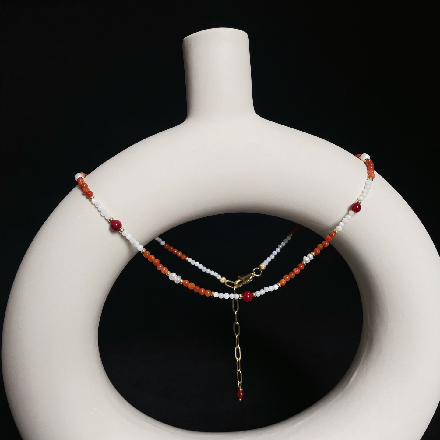 One-Line Beads Necklace with Trochus, Carnelian, Freshwater Pearls & Cinnabar