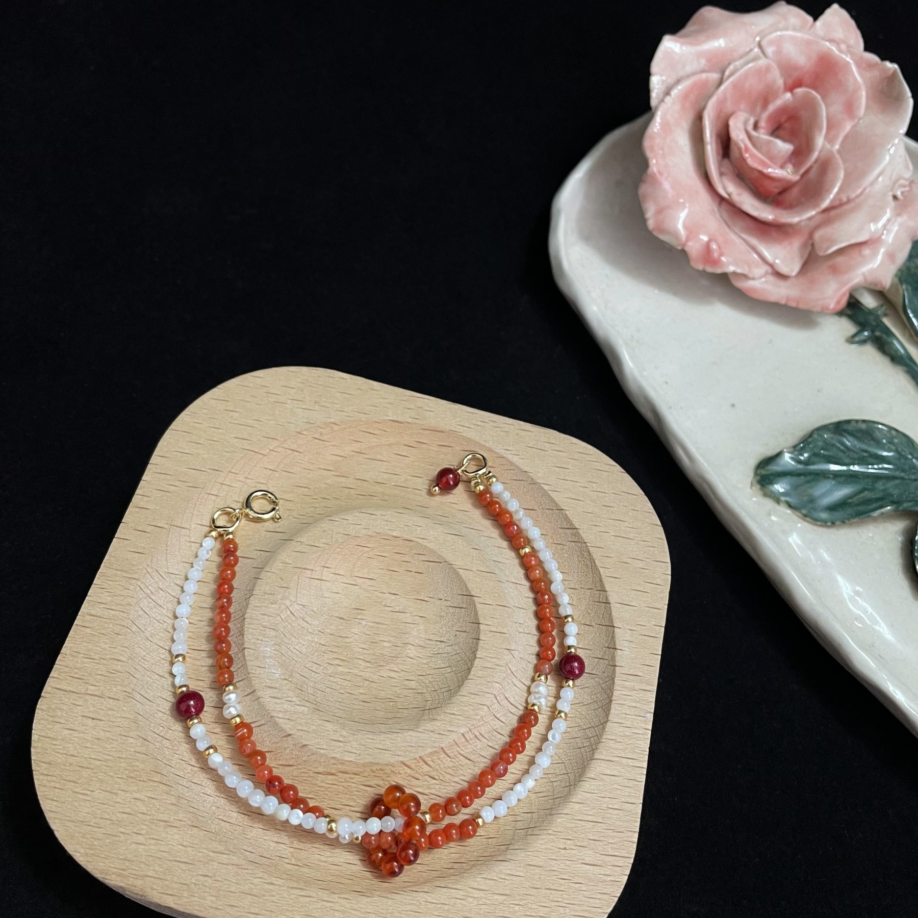 Dual-Line Multi Gemstone Bracelet with Trochus, Carnelian, Pearls, and Cinnabar