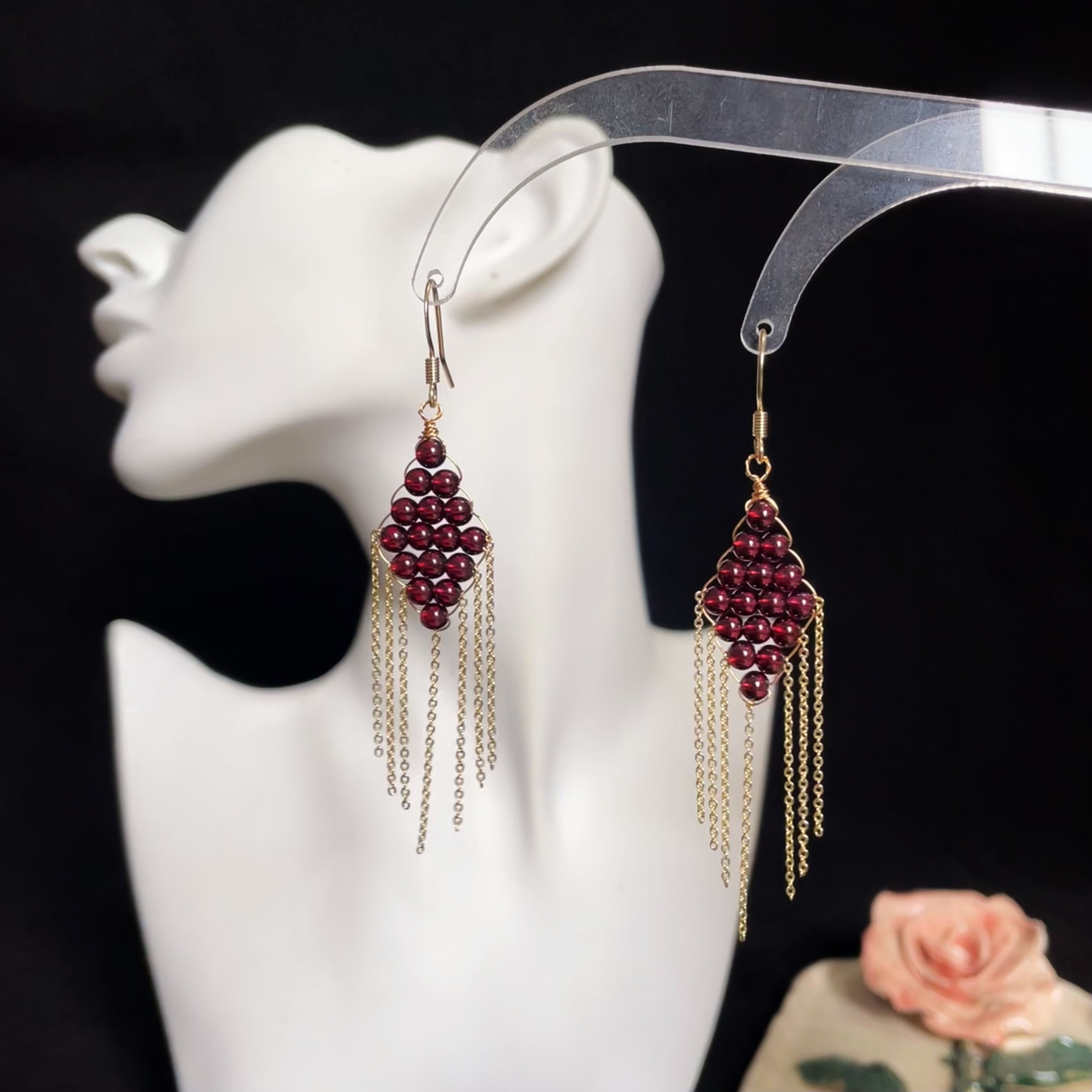 Wine Red Garnet Woven Rhombus with Tassels Earrings