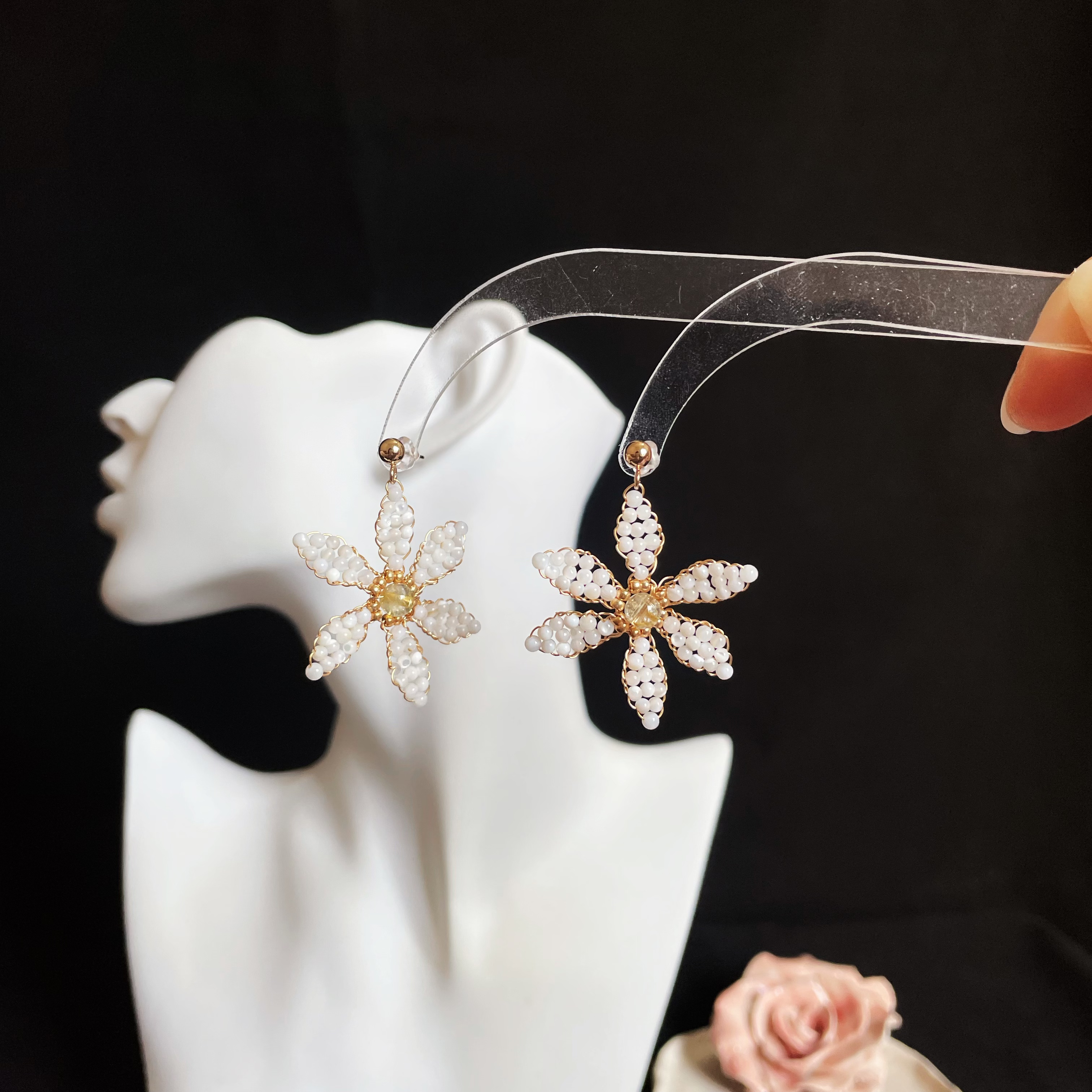 White Triteleia Laxa Inspired Earrings with Gold Rutilated Quartz Center