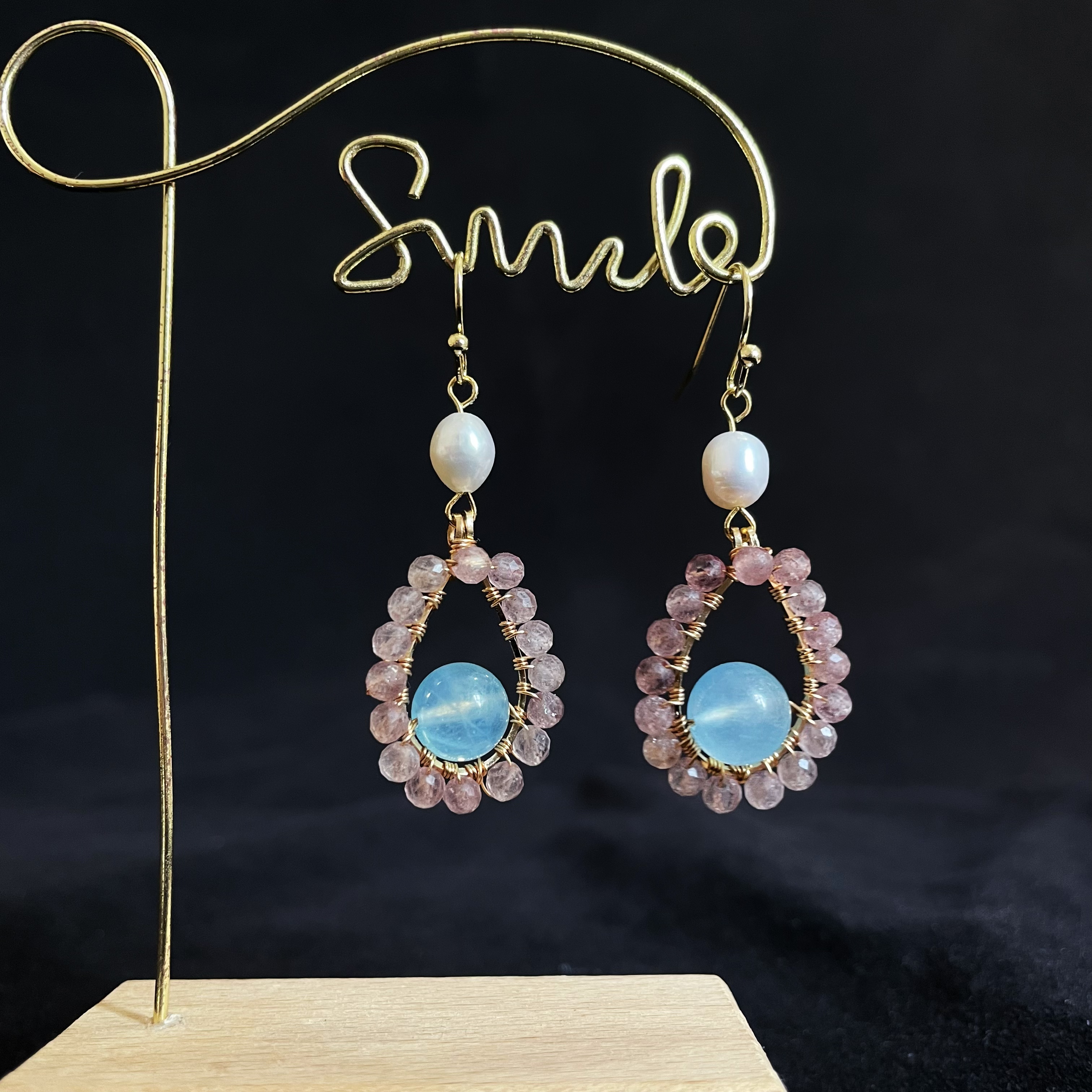 Strawberry Quartz and Aquamarine Teardrop Earrings