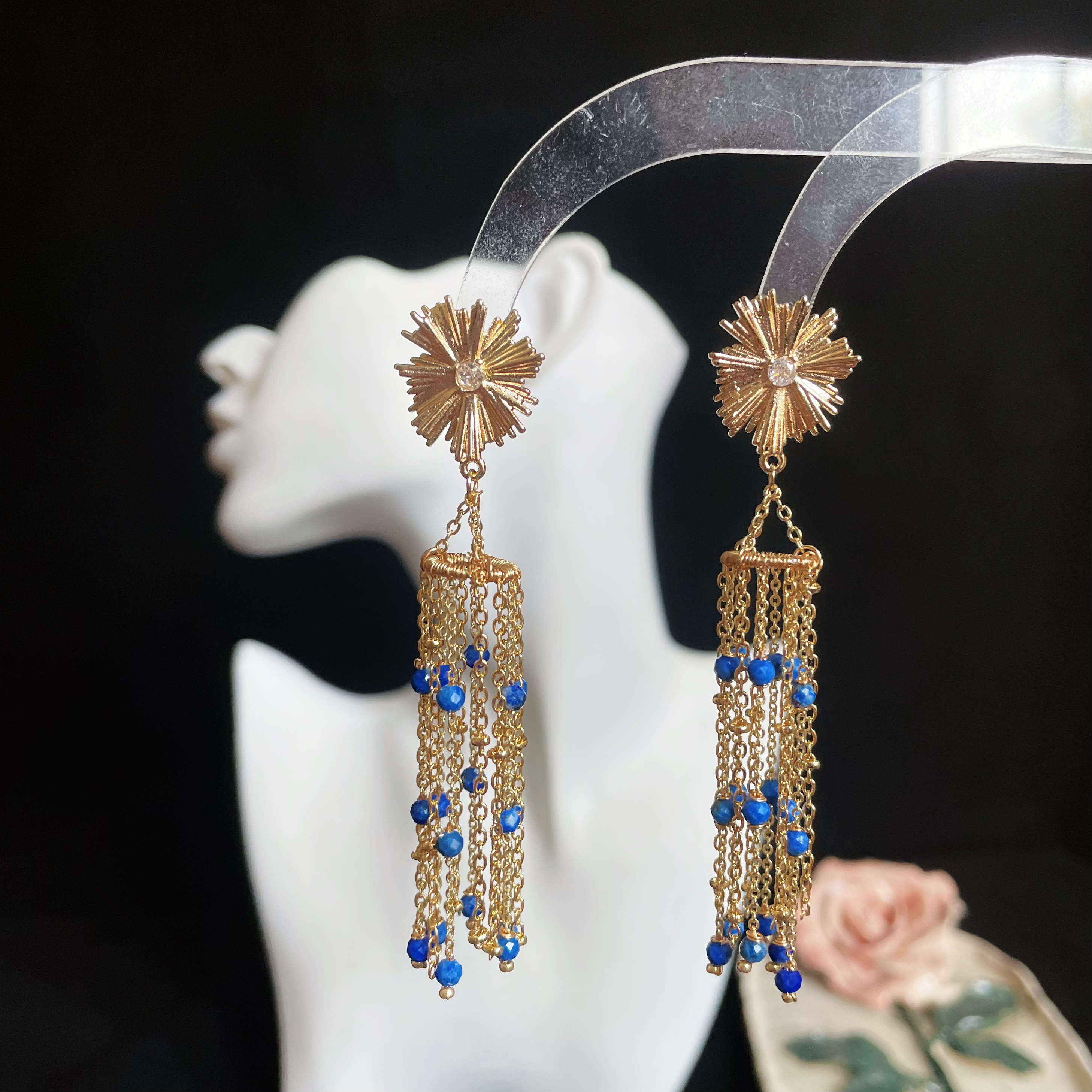 Golden Sunflower Lapis lazuli Tassel Earrings