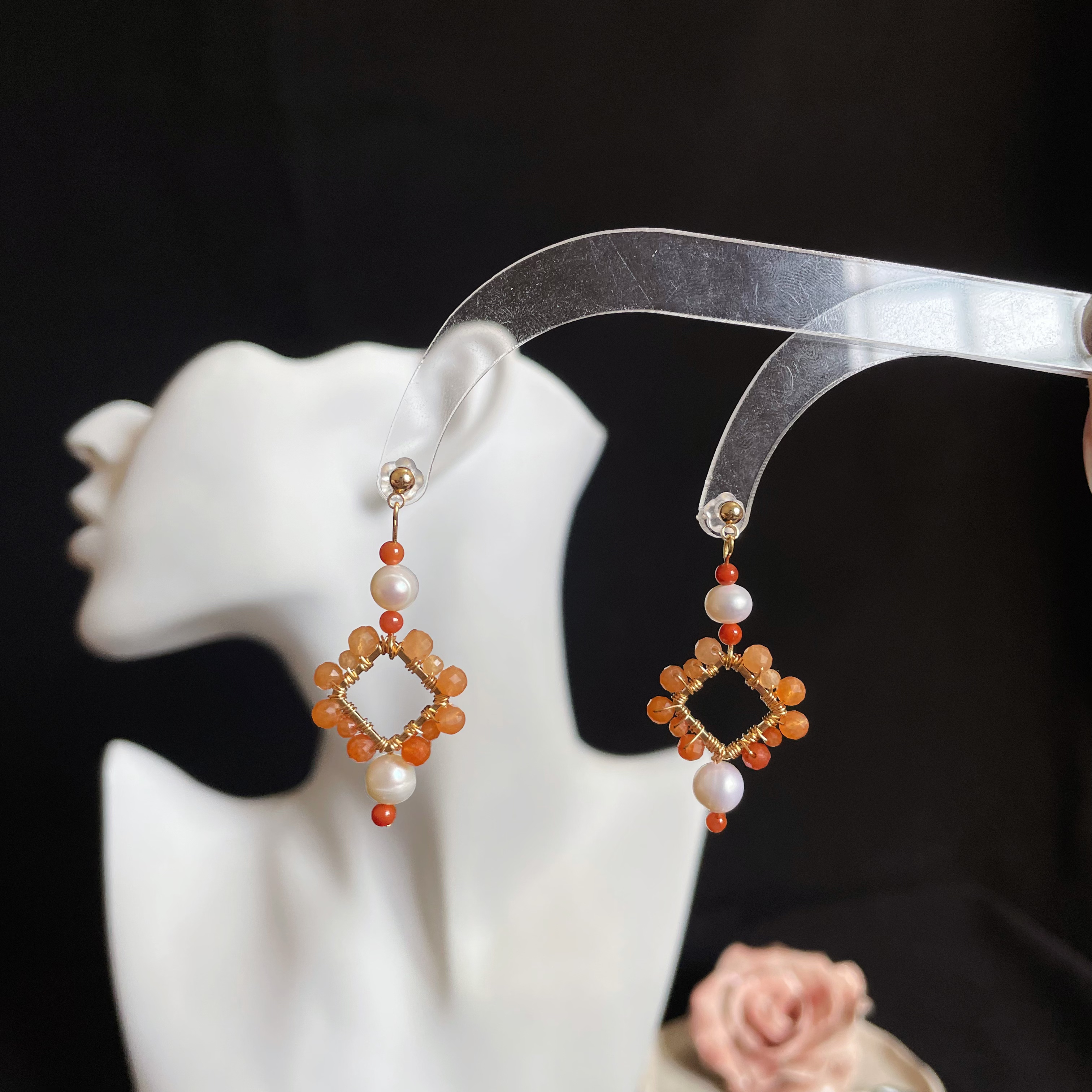 Red Aventurine woven Rhombus with Pearls Earrings