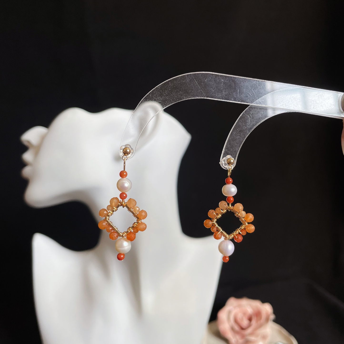 Red Aventurine woven Rhombus with Pearls Earrings