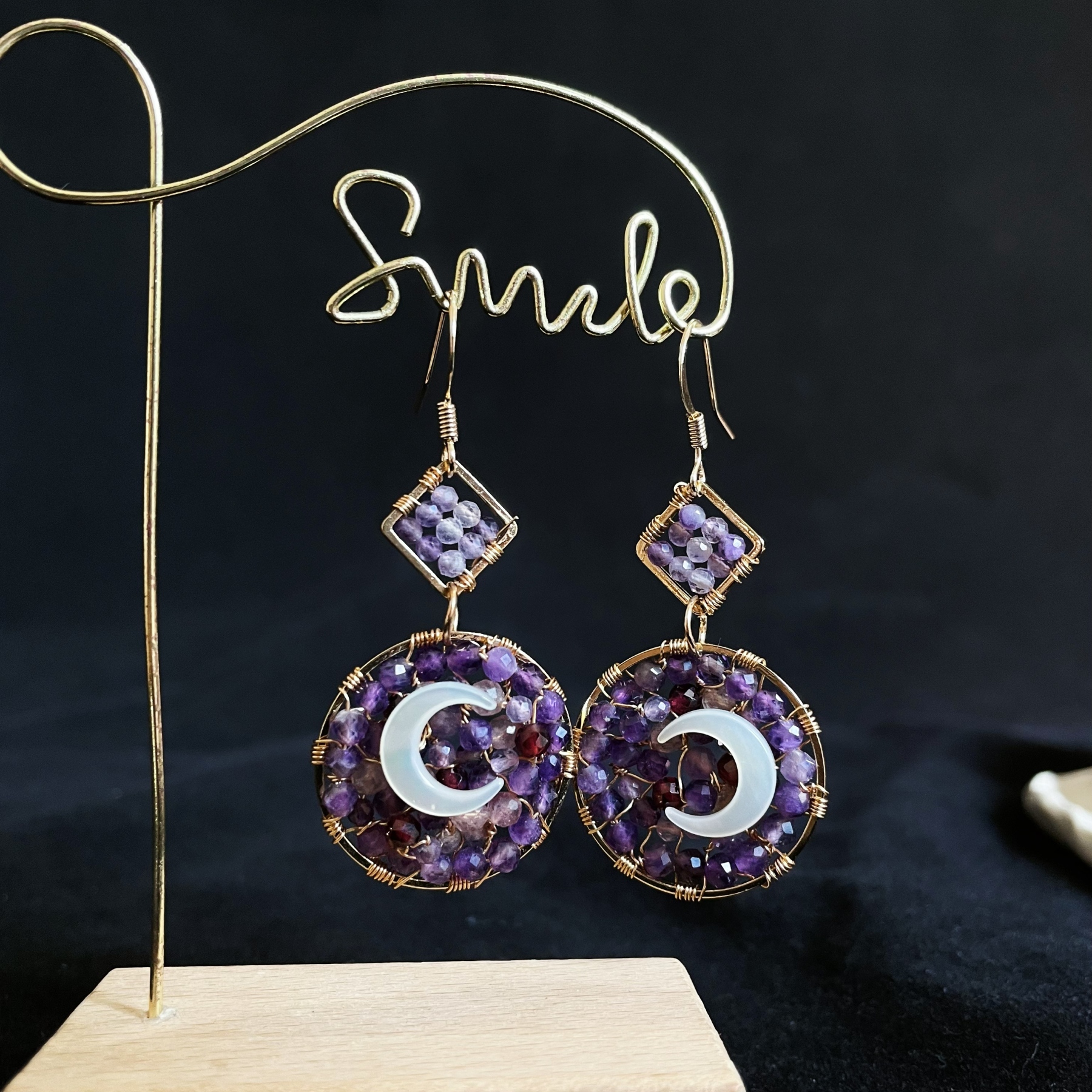 Last Summer's Moon Amethyst woven with Mother-of-pearl moon Earrings