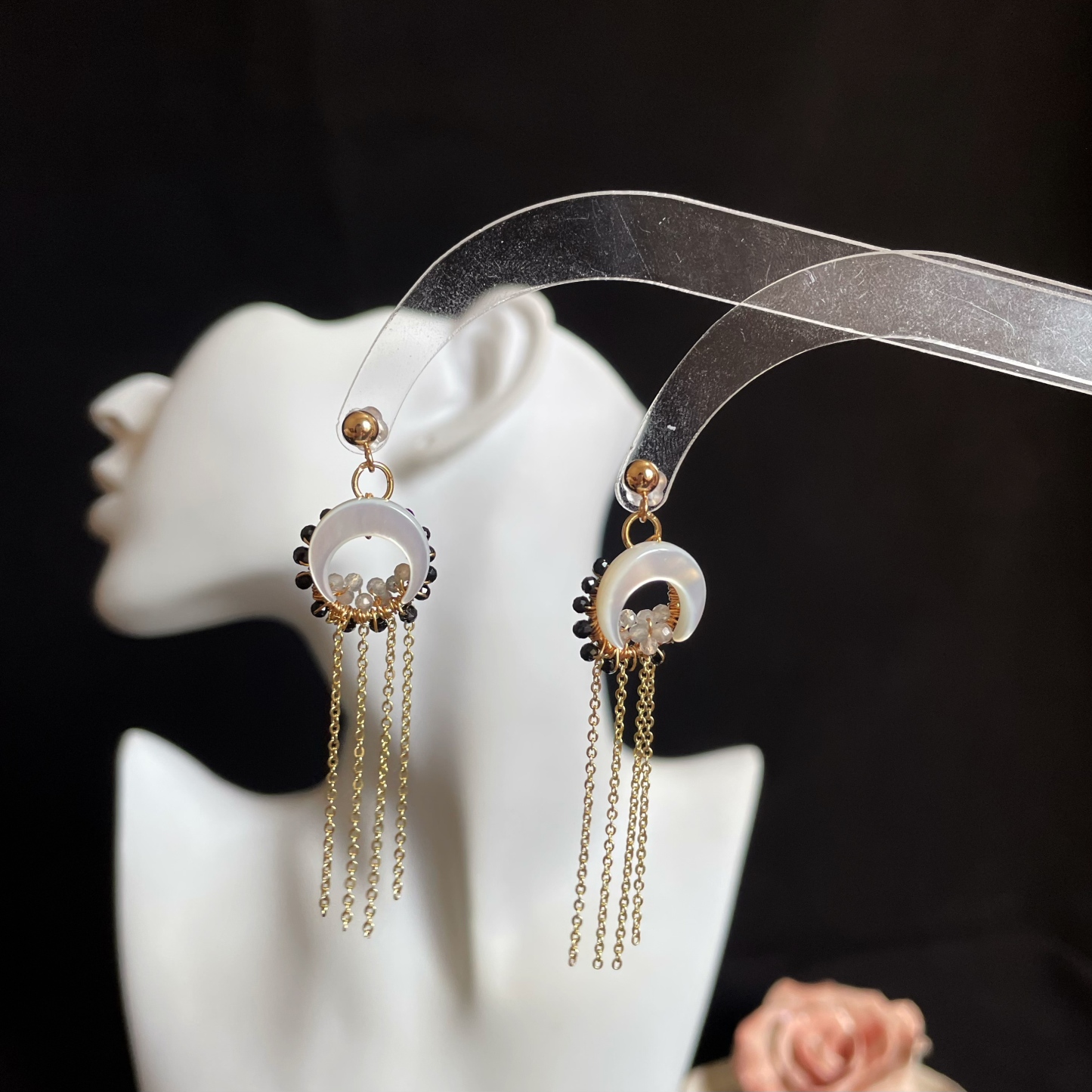 Black Spinel Woven Circle with Mother of Pearl Crescent Moon Earrings