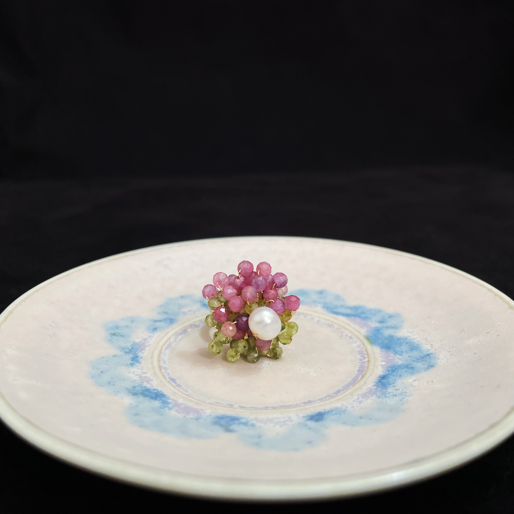 Handcrafted Spring Blossom Peridot Pink Tourmaline Cluster with Pearl Centre Ring