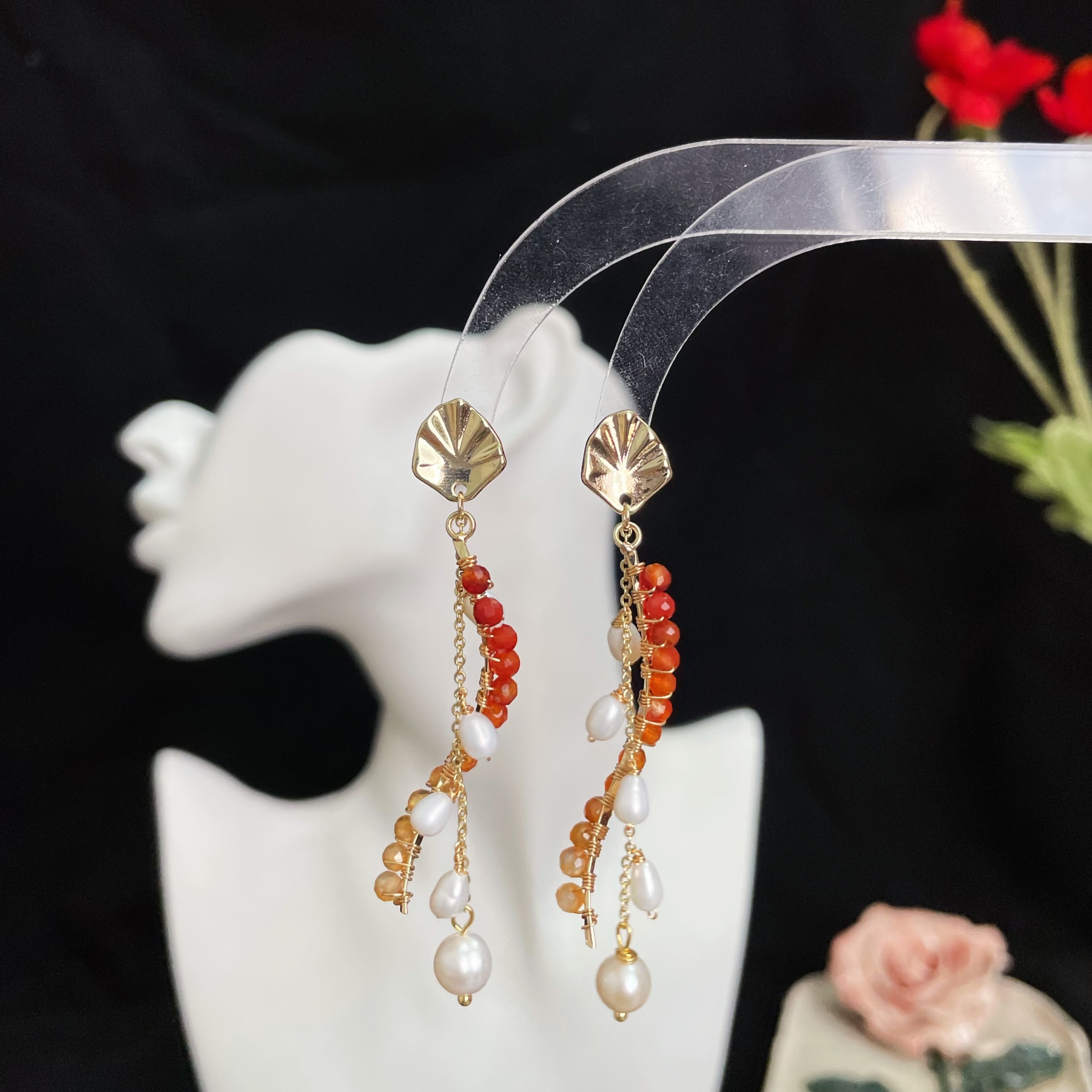 Handcrafted Red Agate and Pearl Tassel Drop Earrings